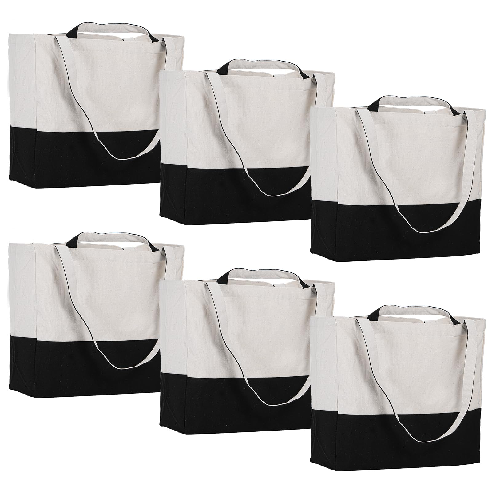 LINICE Canvas Tote Bag Reusable Grocery Bags with Long Shoulder Strap and Short Handle Foldable Heavy Duty Washable (Black-6pack)