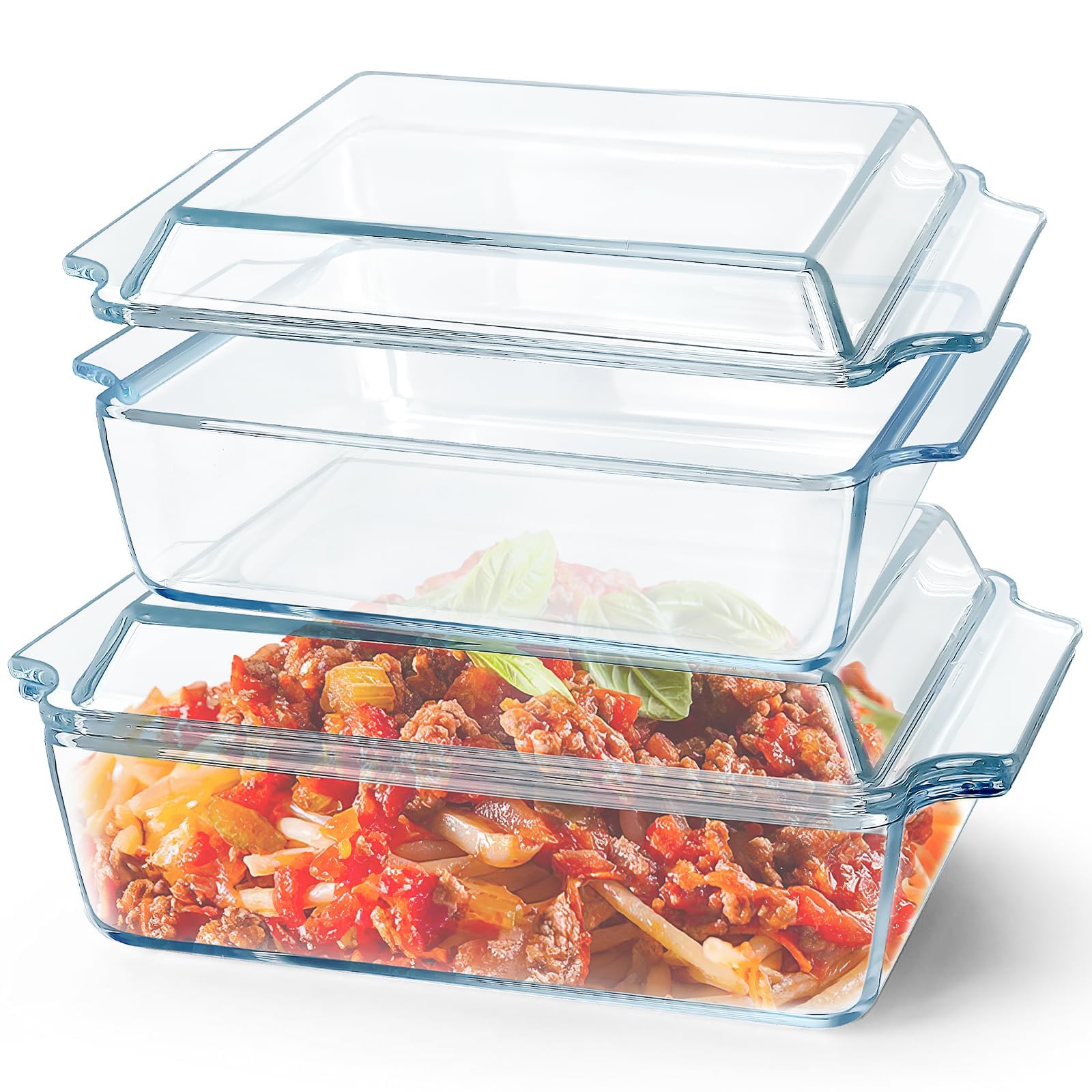 Set di 2 piatti da Gratin rettangolari in vetro con coperchio, casseruole trasparenti con maniglie, piatti per lasagne resistenti al forno e microonde, cucina, casa ristorante, hotel (2L+1L)