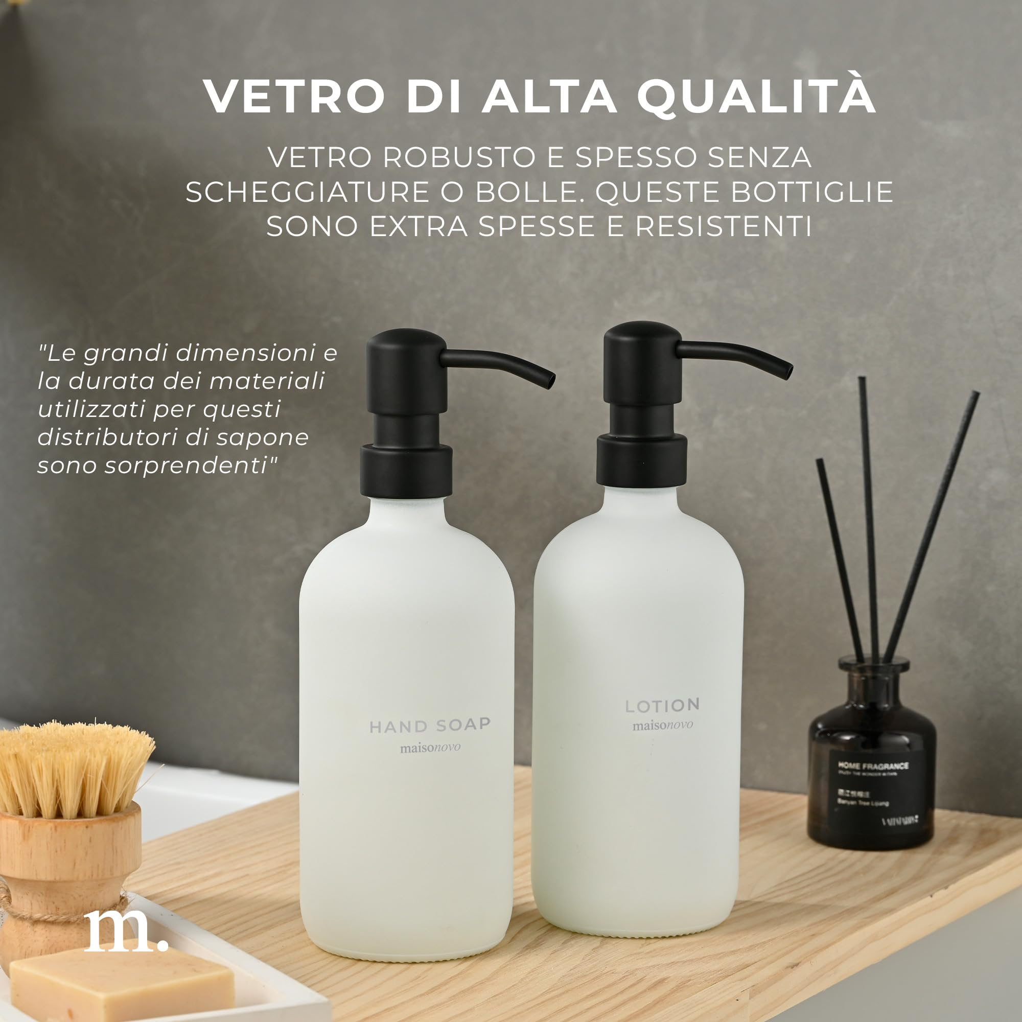 MaisoNovo Set di 2 dispenser per sapone da bagno - Dispenser per sapone liquido da 500 ml - Flaconi bianchi con pompe in plastica nera