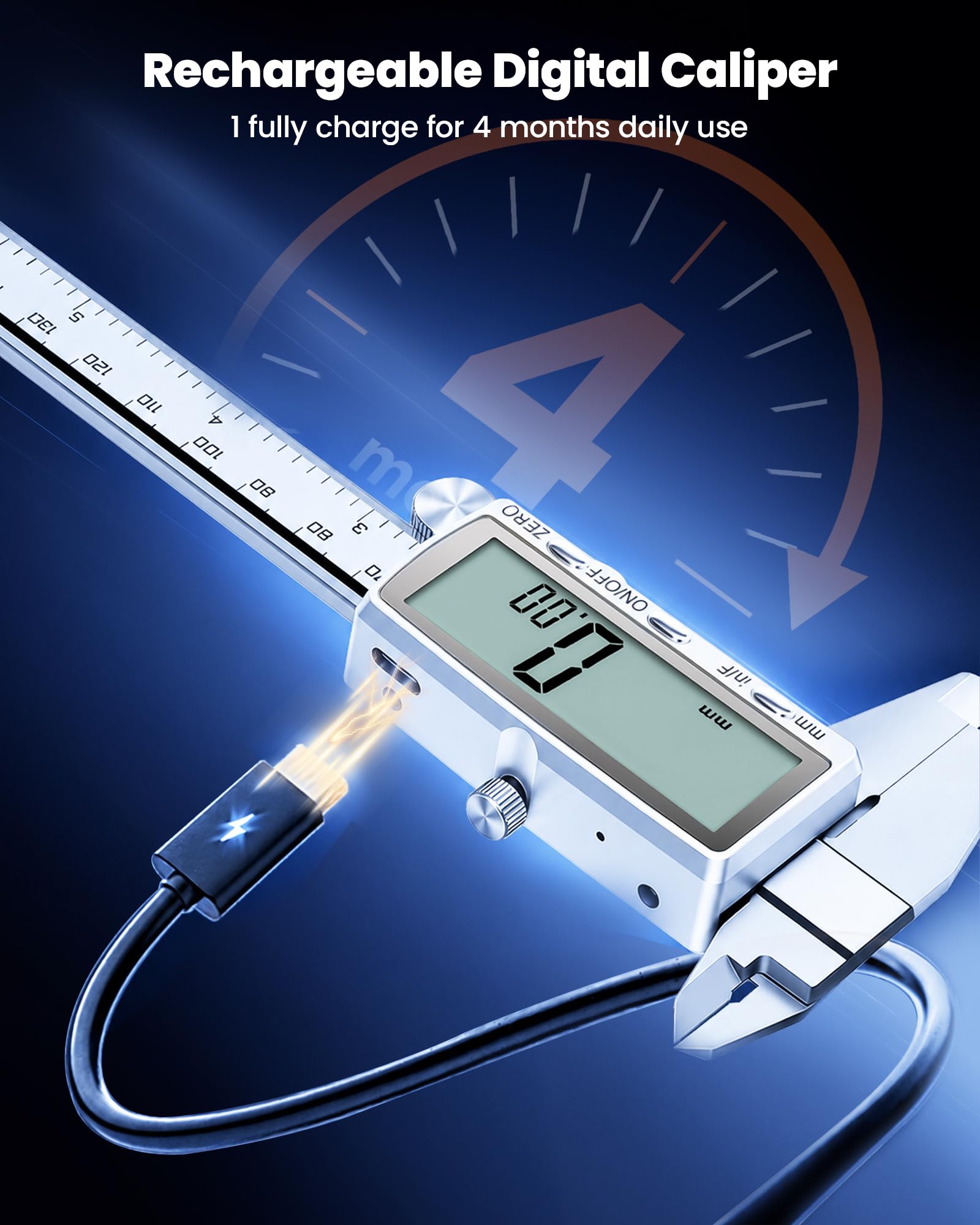 Calibrador digital de 150 mm (6"), micrómetro recargable de acero inoxidable, pantalla LCD grande. Unidades: pulgadas/mm/fracción, apagado automático. Herramienta de medición electrónica para traba