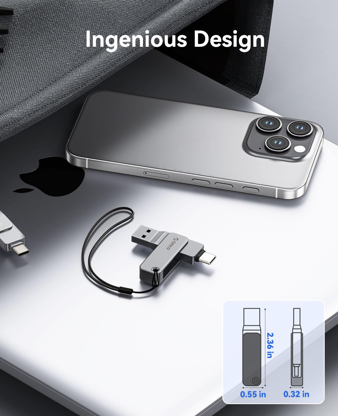 ORICO Pamięć USB 256 GB, mini pamięć USB 3.2 Gen 1 (podwójny USB-C/USB-A), przenośny napęd na pióra, odczyt 150 MB/s, kompatybilny z iPhone 15/16/17, Android, tabletem, laptopem- szary-EB05
