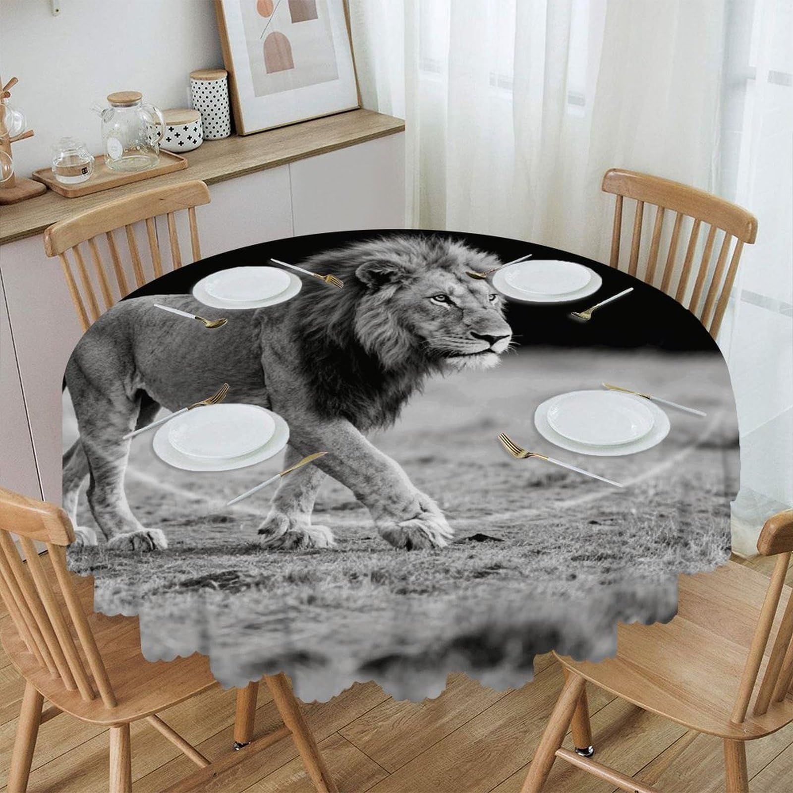 VstaDank Wild Animal Lion Round Tablecloth Wipeable Round Polyester Tablecloth Waterproof Wrinkle Free Indoor and Outdoor Table Cover 60 Inch Decorative Farmhouse Table Cloth for Dining