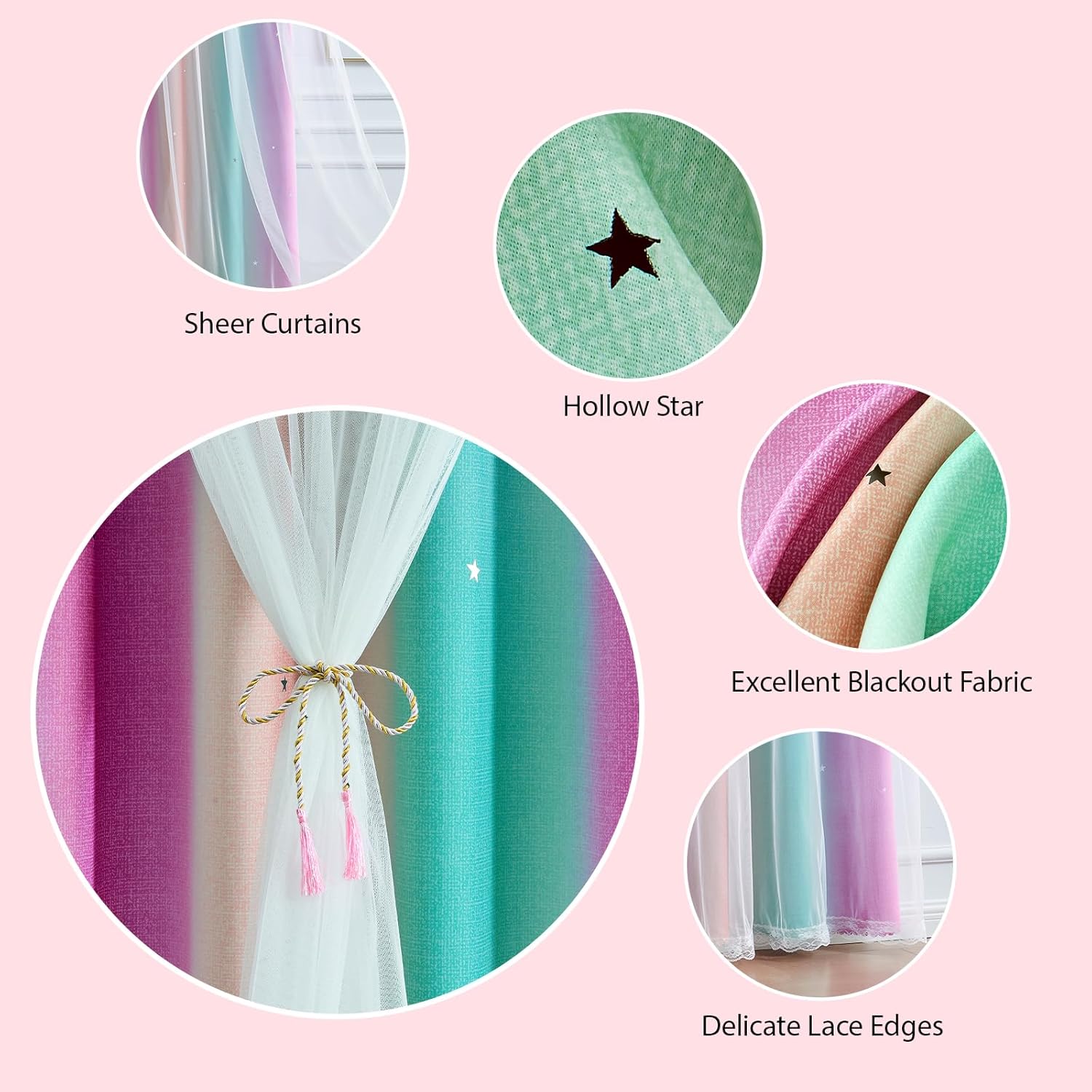 2 Panels Princess Girl Curtains for Bedroom, Rainbow Darkening Curtains for Kids Girls Room, Double Layer Hollow Star Window Decor, UV Protection and Insulation (Pink Purple Green, W52 X L84)