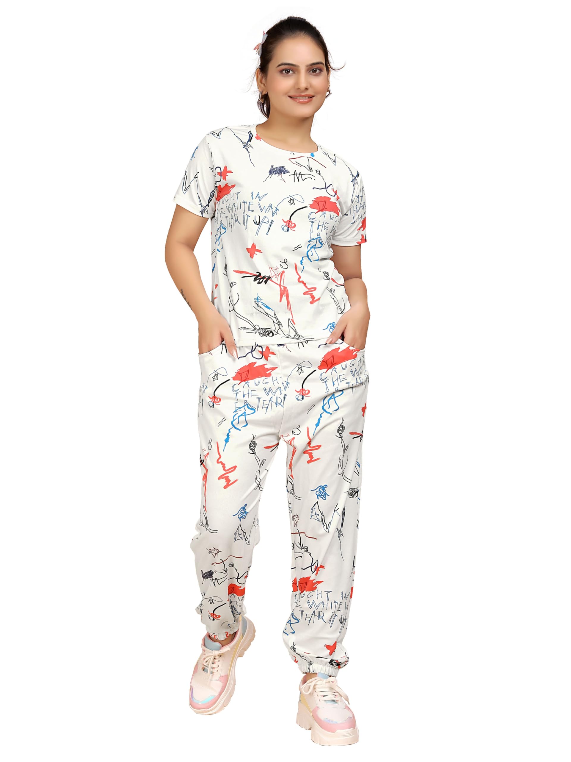 dadx Women's Printed Night Suit Set | Polyester Lycra Fabric | Ankle-Length Bottoms with Pockets | Stretchable & Adjustable Drawstring Waist | Versatile for Sleep, Yoga, and Casual Wear-picture-24