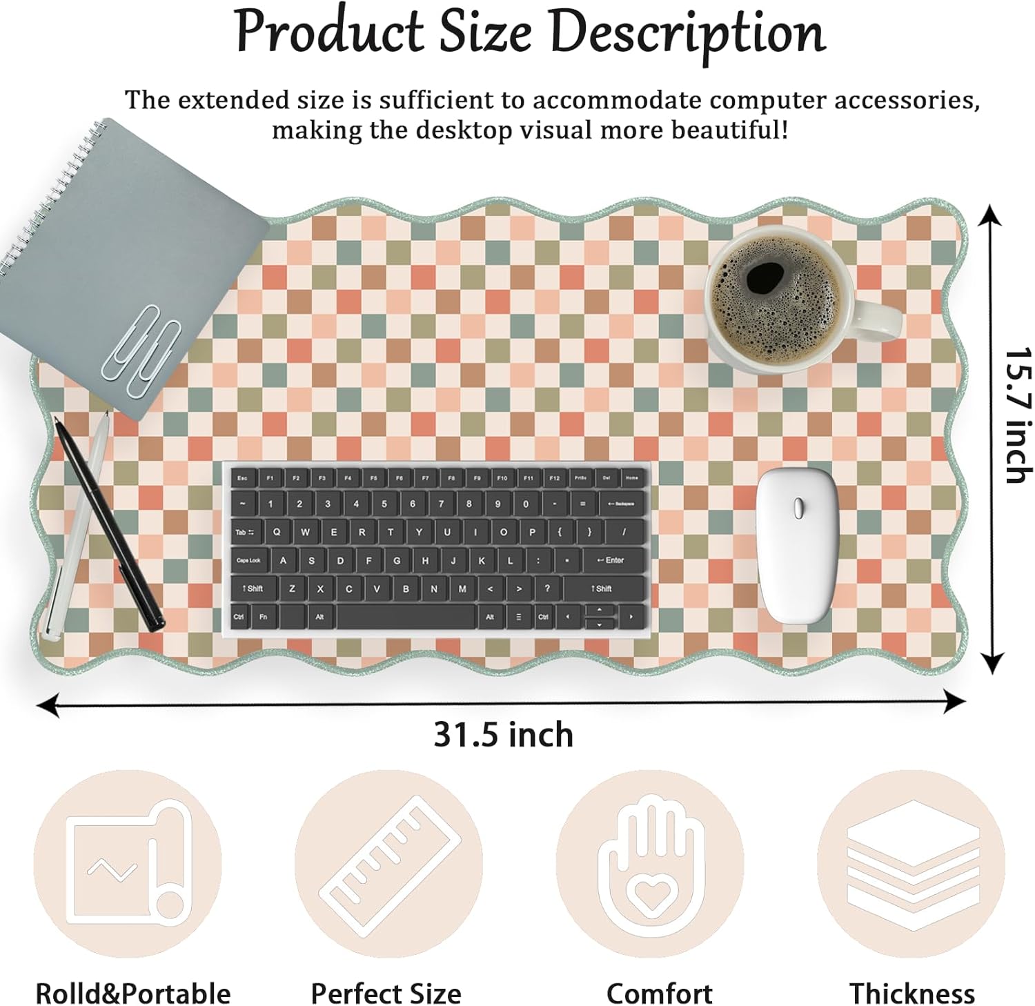 Scalloped Desk Mat Extended Large Cute Mouse Pad XXL Aesthetic Desk Pad Boho Plaid Mousepad Retro Beige Checkered Mouse Pad for Keyboard Computer Stitched Edges Non-Slip Home Office 31.5X15.7Inch - Image 3