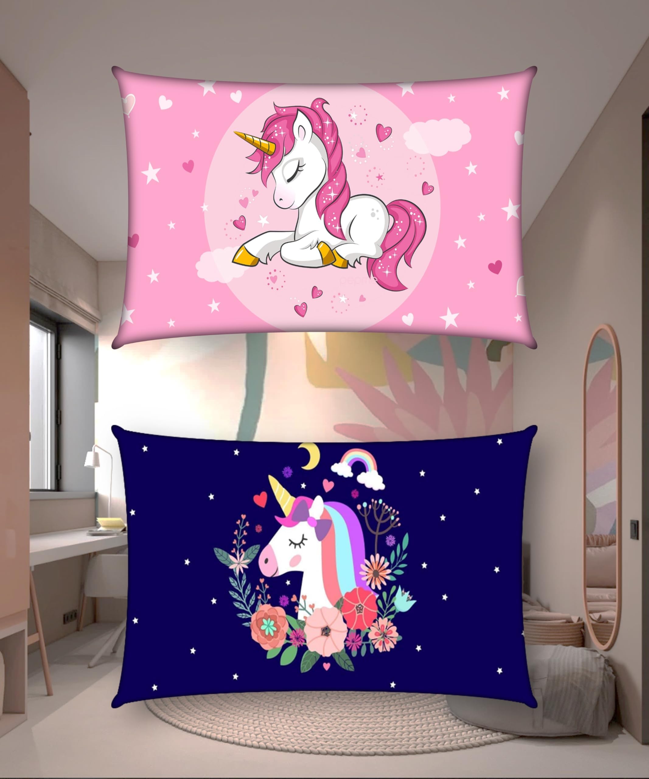 pepme Kids Pillow Cover Combo Pink Unicorn, Blue Unicorn (18x12 Inches, Set of 2)