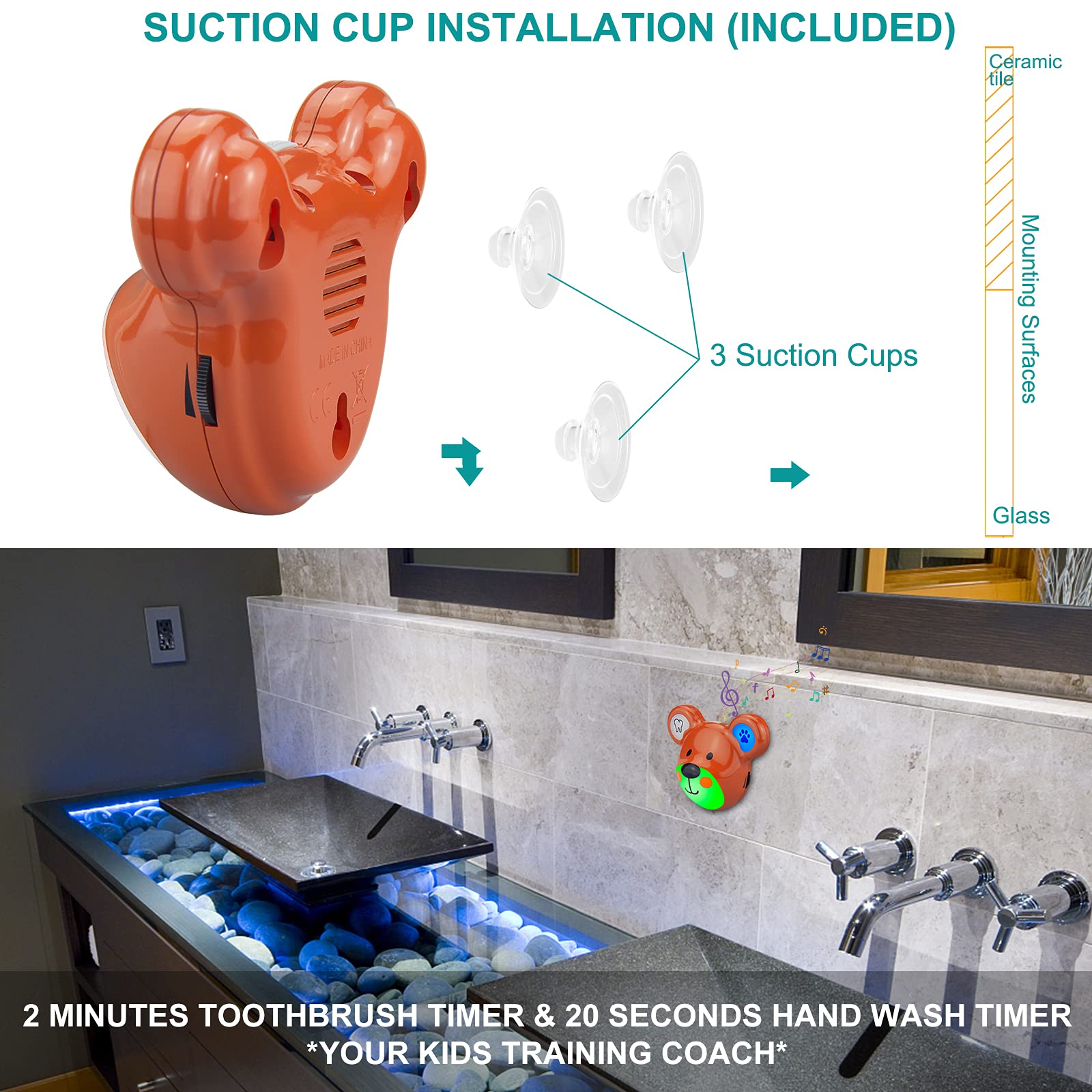 HONWELL Temporizador de Cepillado de Dientes, Temporizador Recargable, Temporizador de Lavado de Manos y Cepillo de Dientes para niños, oso