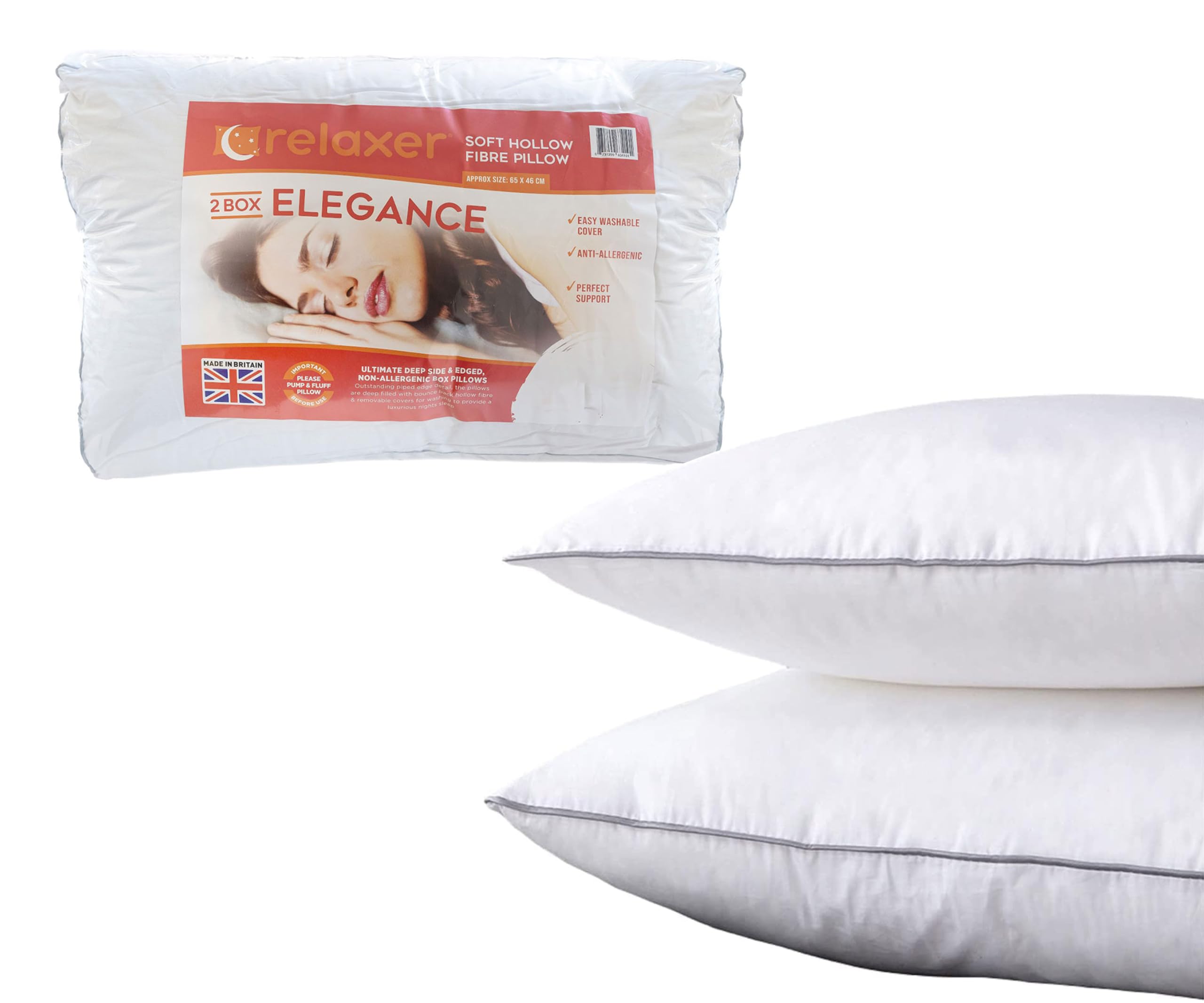 Relaxer Elegance Soft Hollowfibre Pillows With Piped Edge - Premium Hotel Quality Pillow For Stomach, Back and Side Sleeper, Hypoallergenic Extra Filled Bounce Back Pillows - 2 Pack (44 x 65 cm)