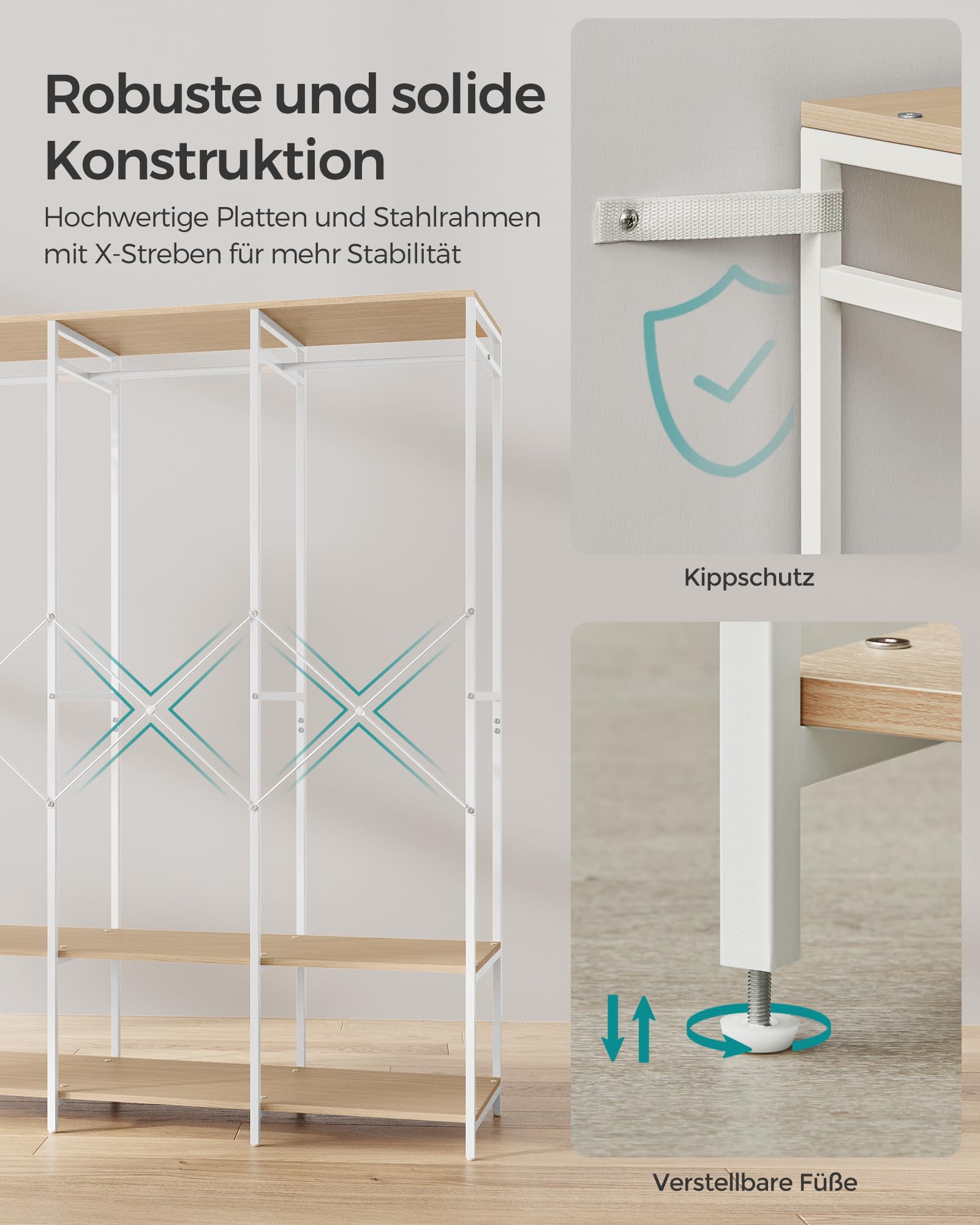 SONGMICS Kleiderschrank offen, Kleiderständer, Garderobenständer, Garderobe mit Kleiderstange, Ablagen, abnehmbare Haken, 40 x 141 x 180 cm, naturbeige RGR005W67