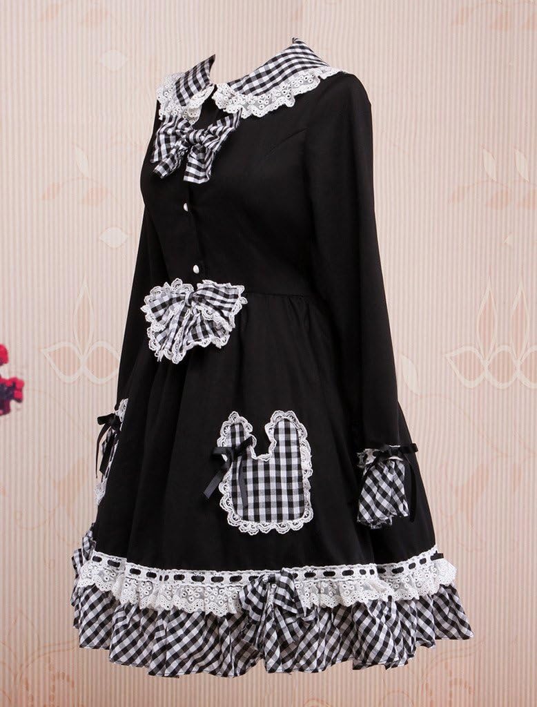 Hugme Classic Black Long Sleeves Plaid Cotton Lolita One-Piece
