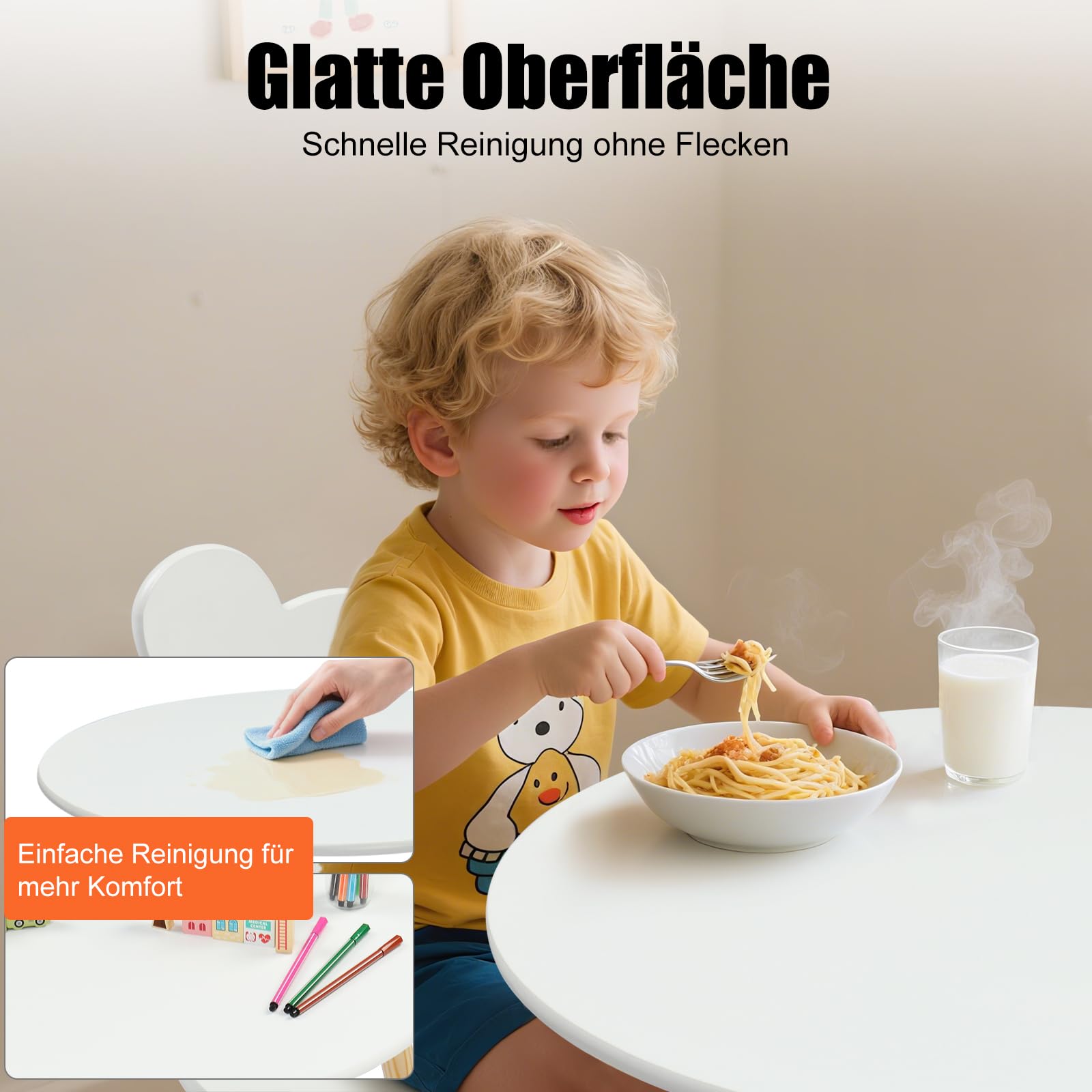 LEADZM Kindertisch mit 2 Stühlen, Kindersitzgruppe, Sitzgruppe für Kinder, mit Kiefer Beine Kindermöbel für Kinderzimmer Kindergärten Weiß