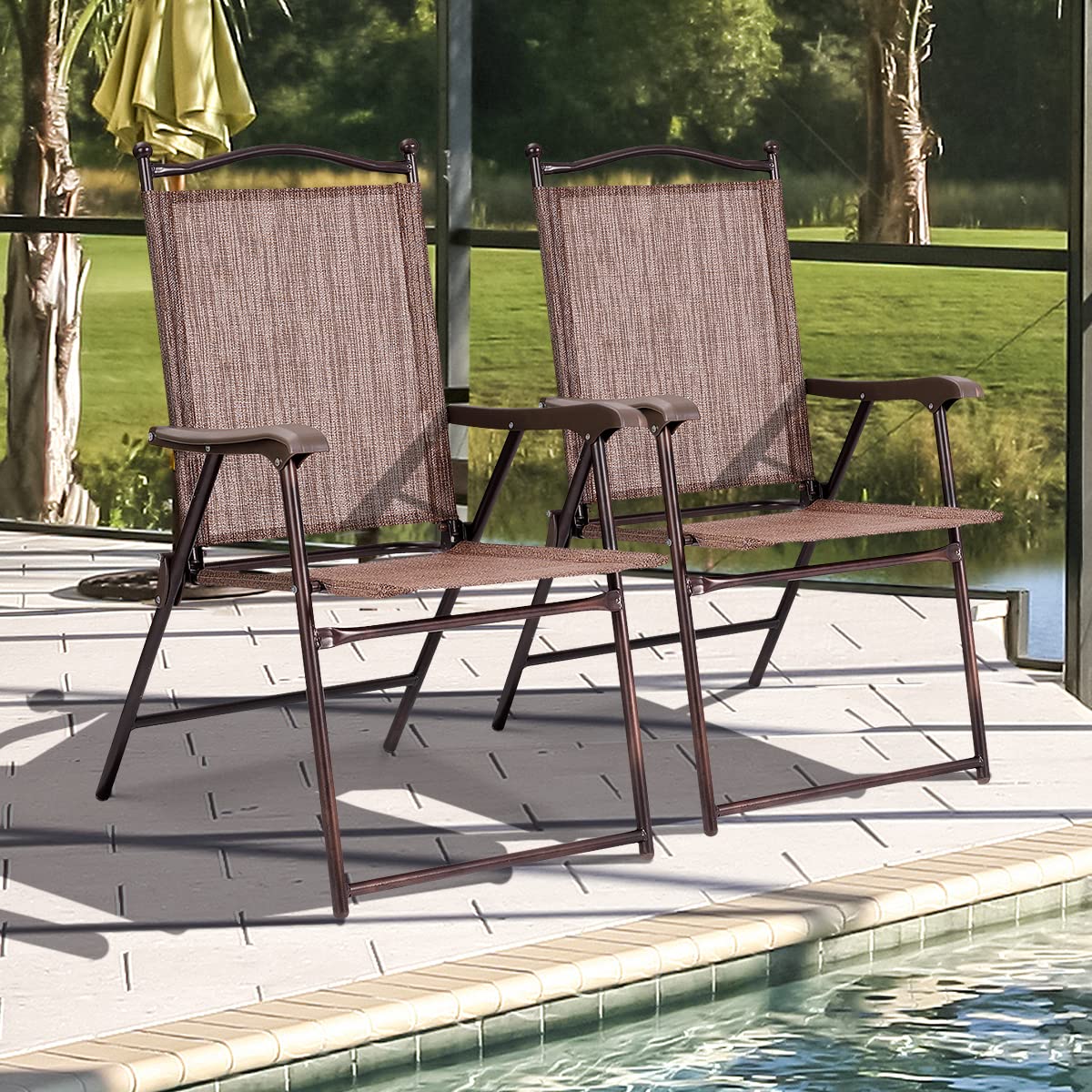 COSTWAY 2er Set Gartenstühle klappbar, Hochlehner wetterfest Gartenstuhl Klappstuhl bis 120 kg, Terrassenstühle mit Armlehnen für Garten, Terrasse, Pool, Braun