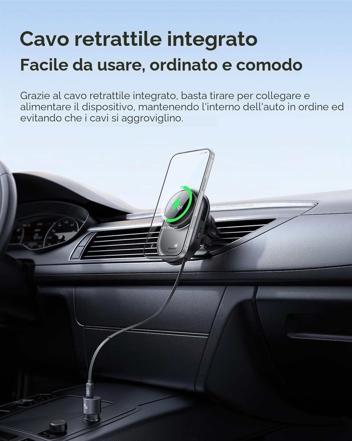 Mcdodo Supporto Auto MagSafe con Ricarica Wireless Qi2.2 25W, Cavo Retrattile da 77cm, Raffreddamento TEC, Magnete N52 Forte, Girevole 360° per Griglia e Cruscotto, Compatibile con iPhone12-17