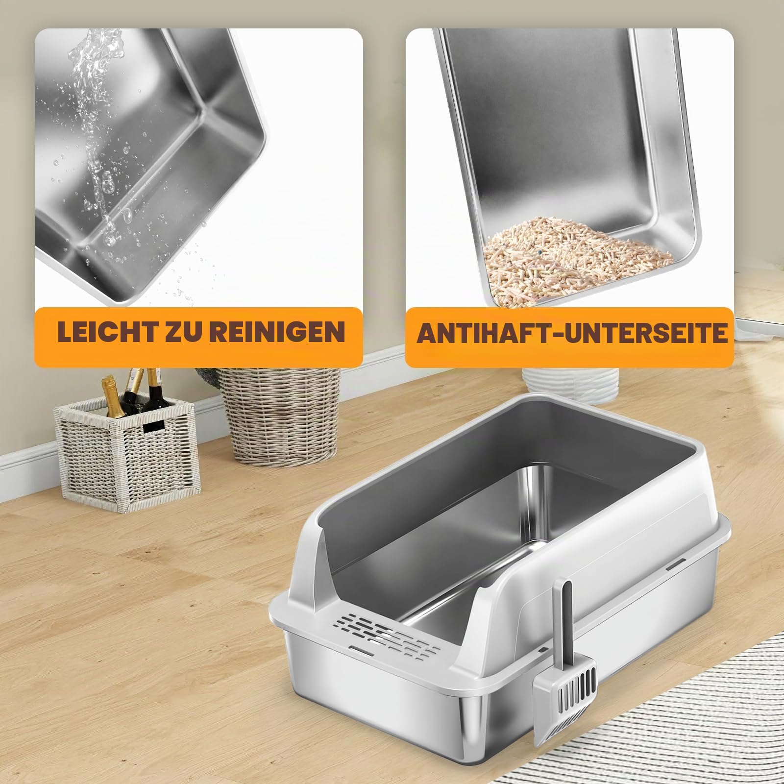 Homegroove 2er Set Edelstahl Katzenklo, 58 x 38 x 28 cm XL Metall Toilette für große Katzen mit Deckel & hohem Rand, inkl. Schaufel, leicht zu reinigen (Hellgrau)