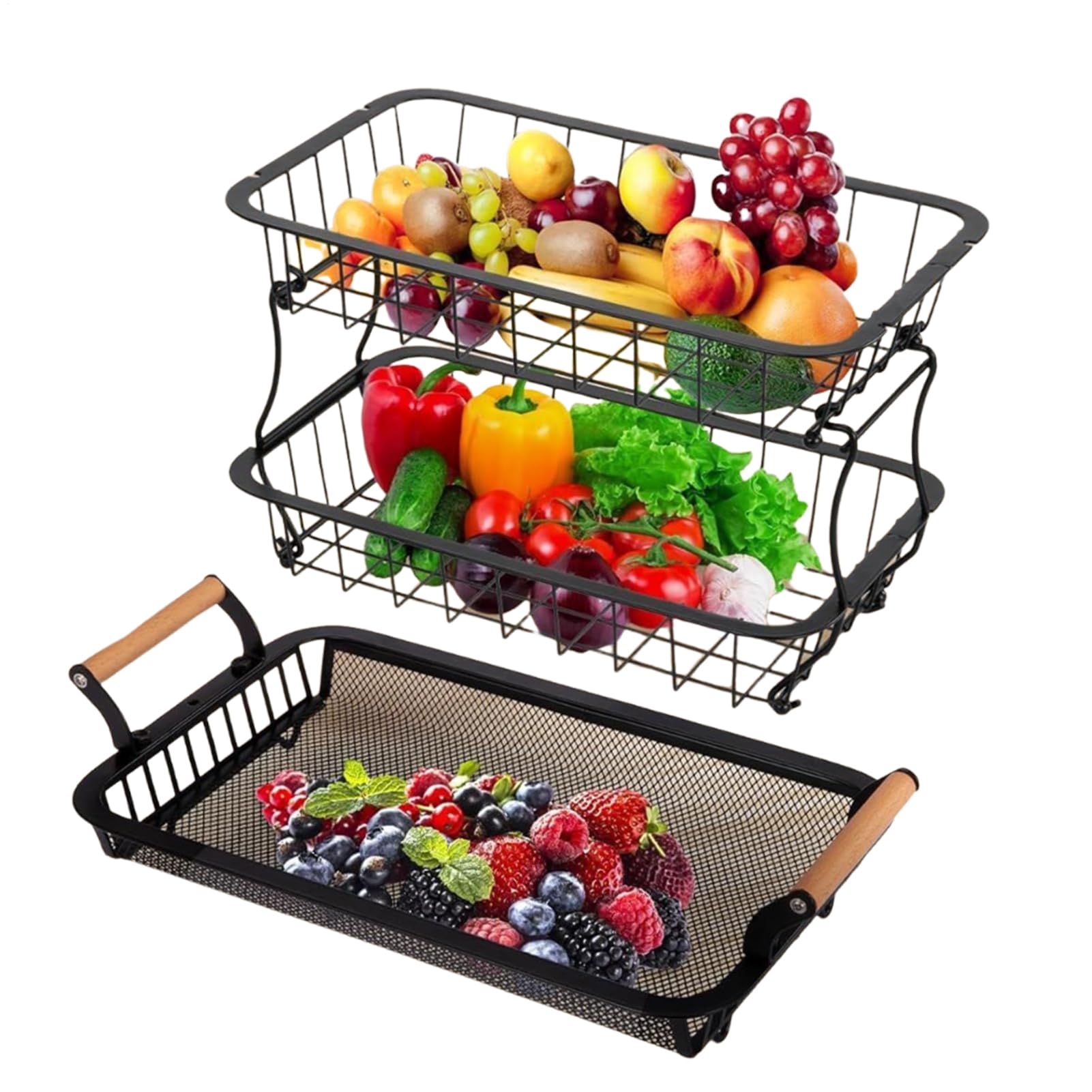Cesto per Frutta a Livelli Organizzatore per Frutta e Verdura a 3 Livelli | Organizzatore in Filo Metallo con Ganci Banane per Cucina Casa Dispensa Ristorante