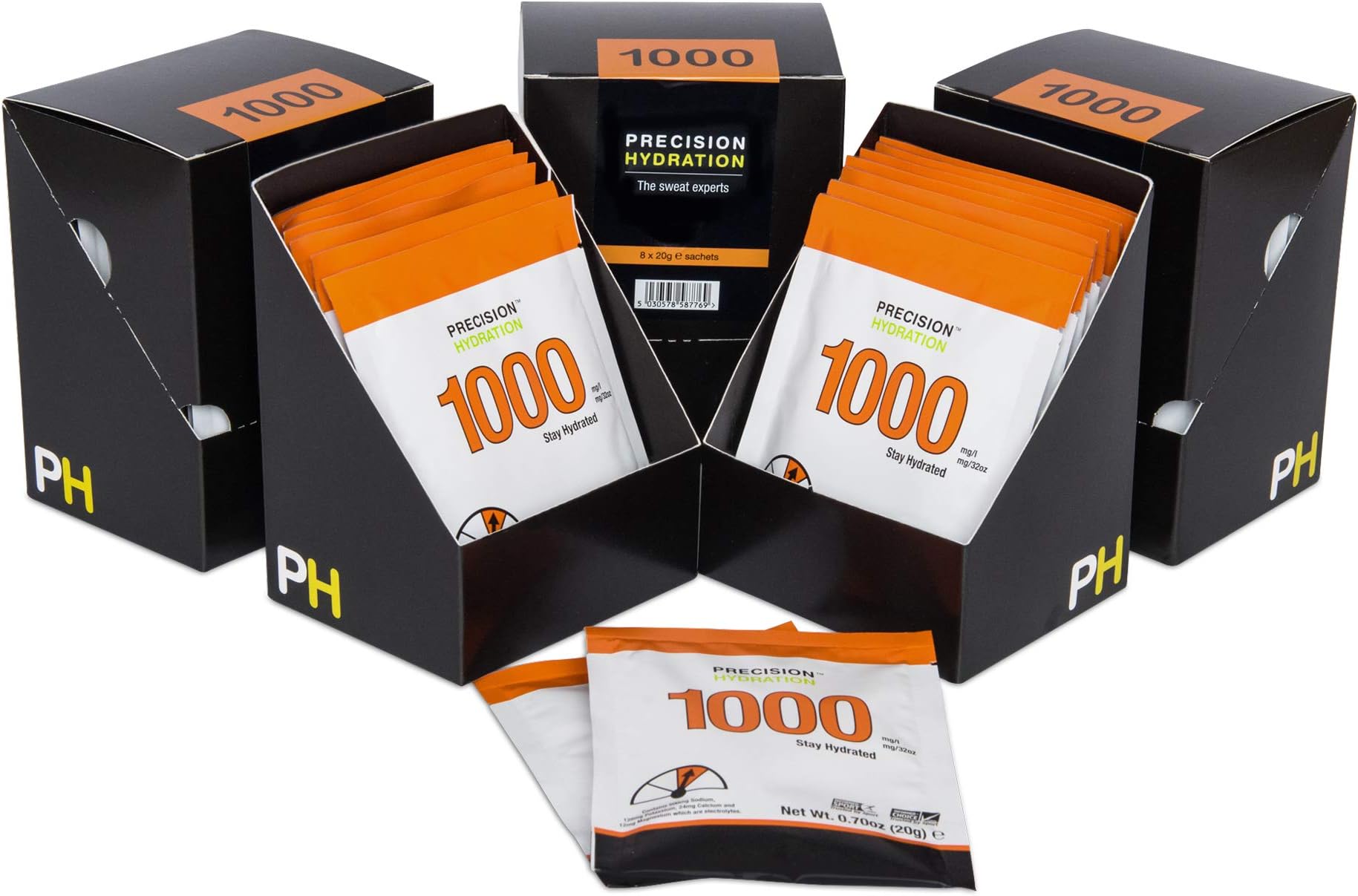 Precision Hydration Electrolyte Powder Packets - All Natural Multi Strength Hydration Packets - Individual Waterproof Servings - Gluten/Dairy Free, Hypotonic 5 Boxes (40 Packets), 1000mg/L-Orange