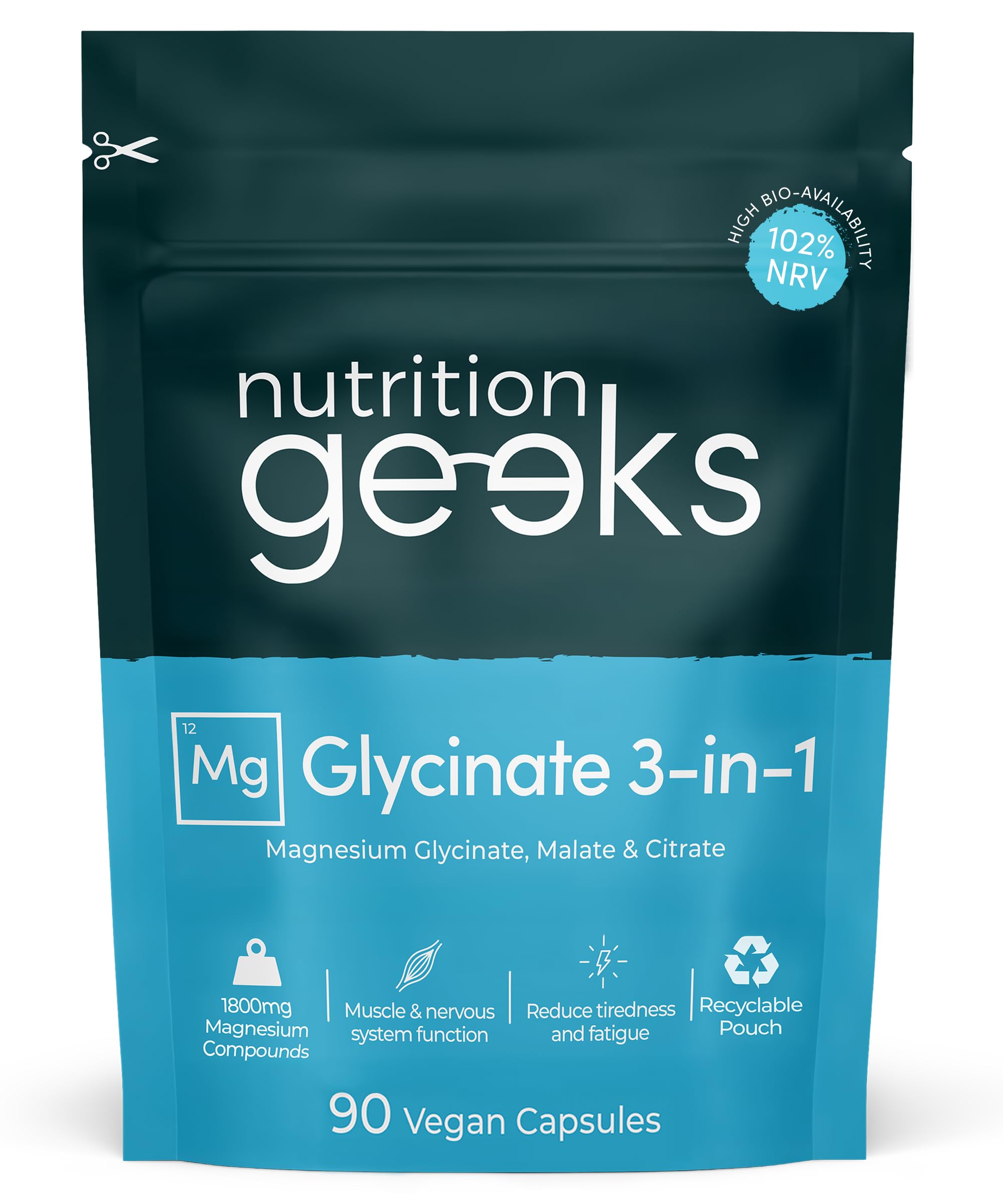 Magnesium Glycinate 3-in-1 Complex - 1800mg Supplements as Bisglycinate, Citrate & Malate 90 Vegan Capsules, Triple High Absorption 384mg Elemental, UK Made