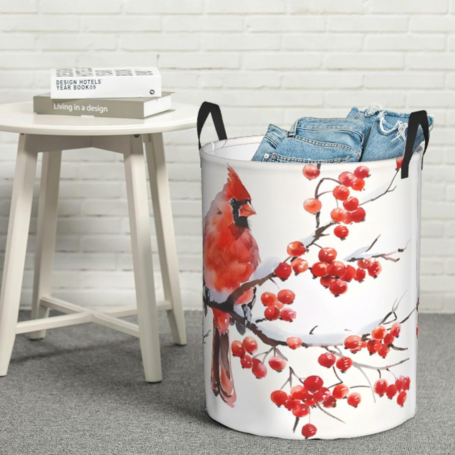 Red Berries Branch Bird Laundry Basket Round With Handle, Bedroom Hamper Collapsible Storage Bin Dirty Clothes Bag Organizer For Home Bathroom Nursery, 19.6''X15.7''