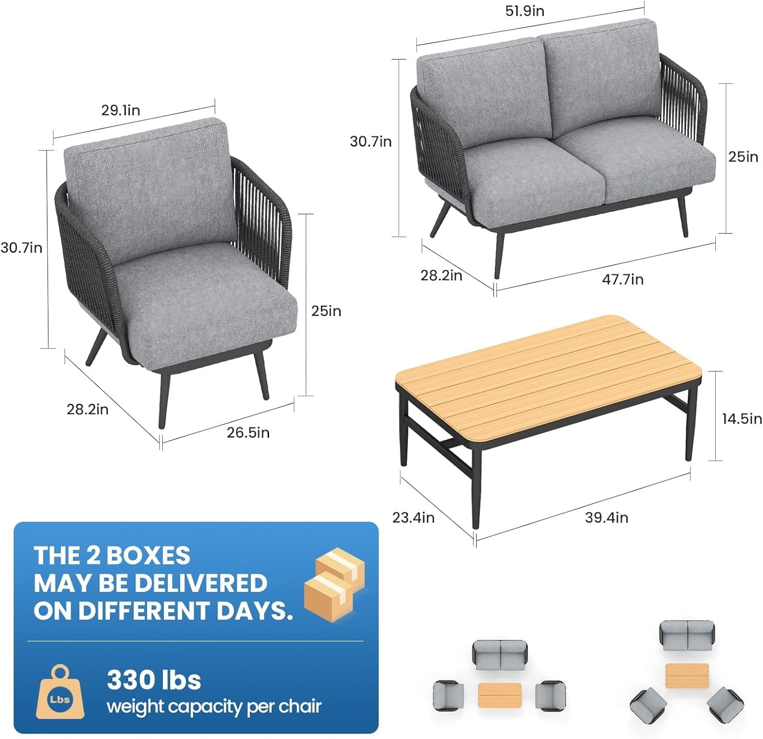 Outdoor Patio Furniture Set 5-Piece 4-Seat Sofa with Coffee Table Waterproof Thick Cushion All Weather Couch Patio Conversation Sets for Backyard Porch Balcony Poolside
