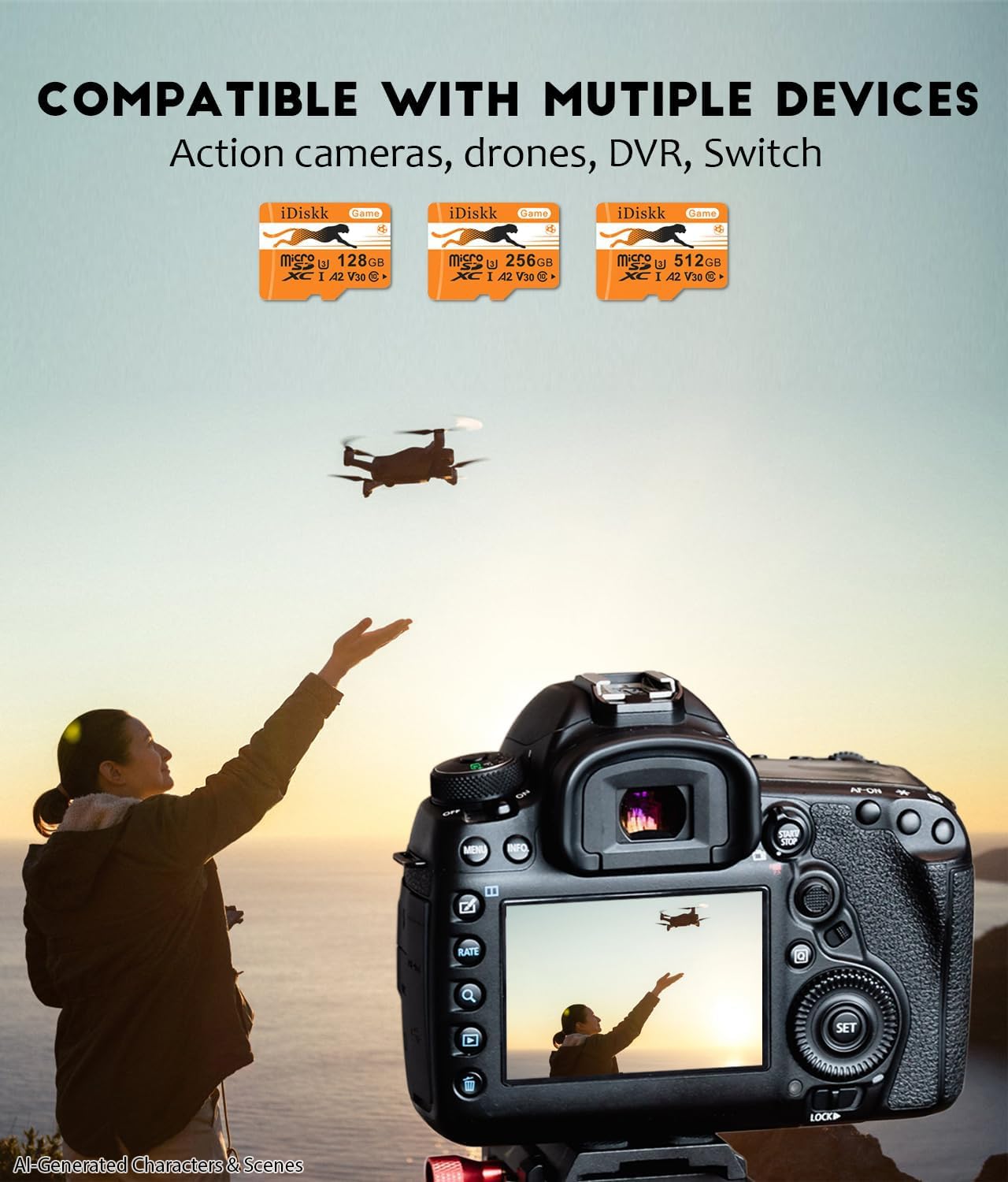 iDiskk Scheda microSDXC da 128 GB + adattatore SD, micro SD A2, scheda di archiviazione ad alta velocità 170 MB/s, UHS-I, classe 10, U3, V30, Full HD 4K UHD, scheda TF per telefoni, tablet, Dash Cam