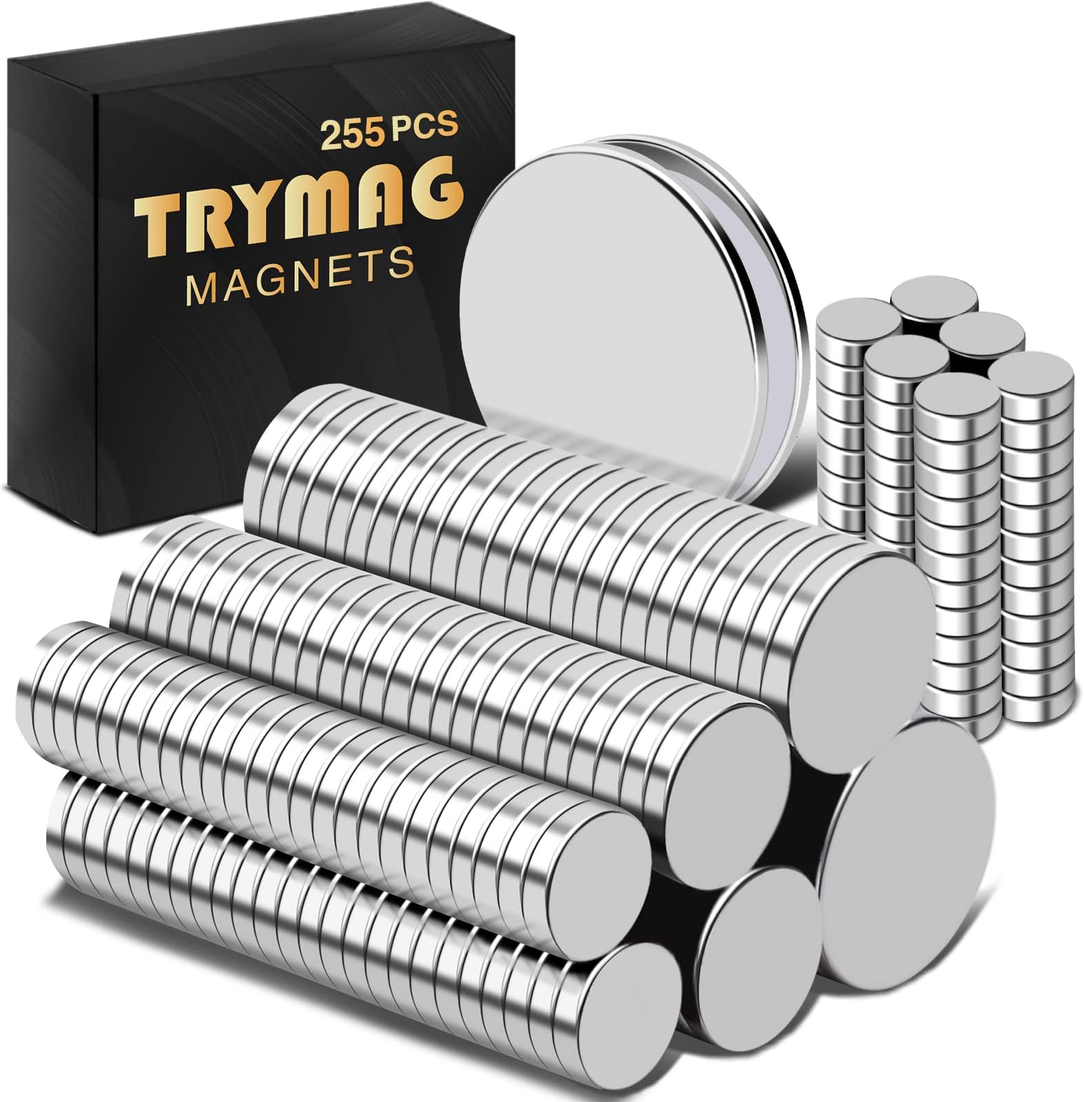 TRYMAG Small Strong 6 Different Sizes 255Pcs Rare Earth Magnets for Crafts, Heavy Duty Neodymium Round Refrigerator Magnets for Whiteboard, Home, Kitchen, Office, School