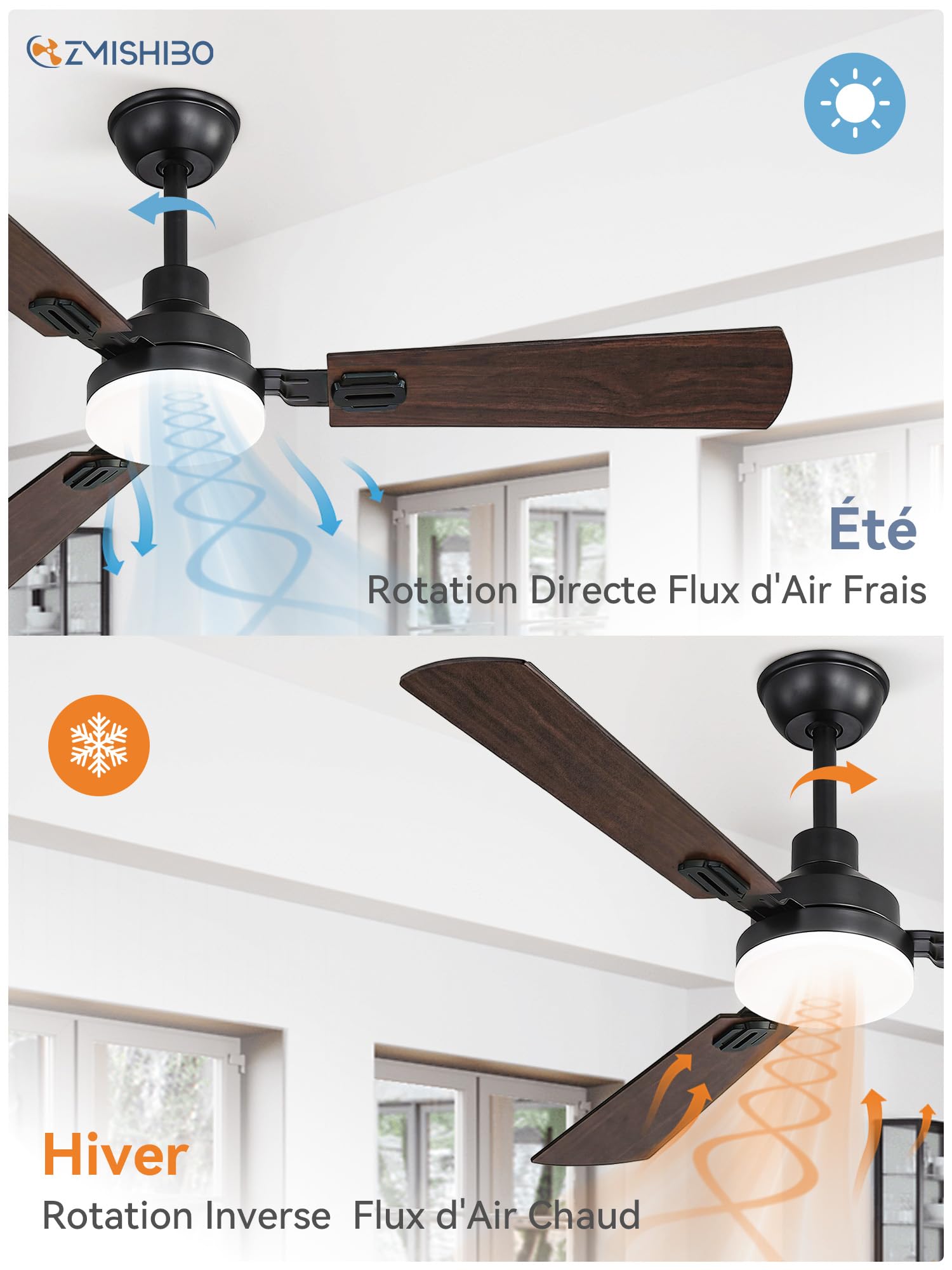 ZMISHIBO Ventilateur de Plafond avec Lumière LED 132 cm, Télécommande, Moteur DC Réversible, 6 Vitesses, 3000K-6000K