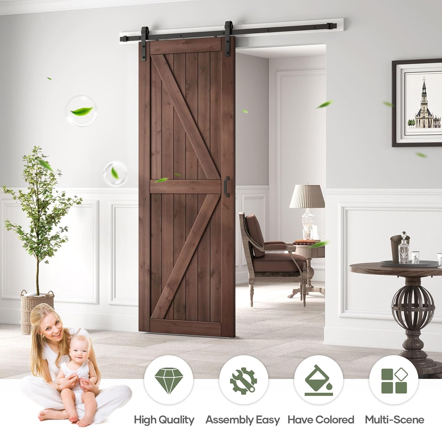 36x96 inch Sliding Barn Wood Door Slab with 6.6ft Hardware Kit and Handle, Coffee, K Shape, Simple DIY Assembly