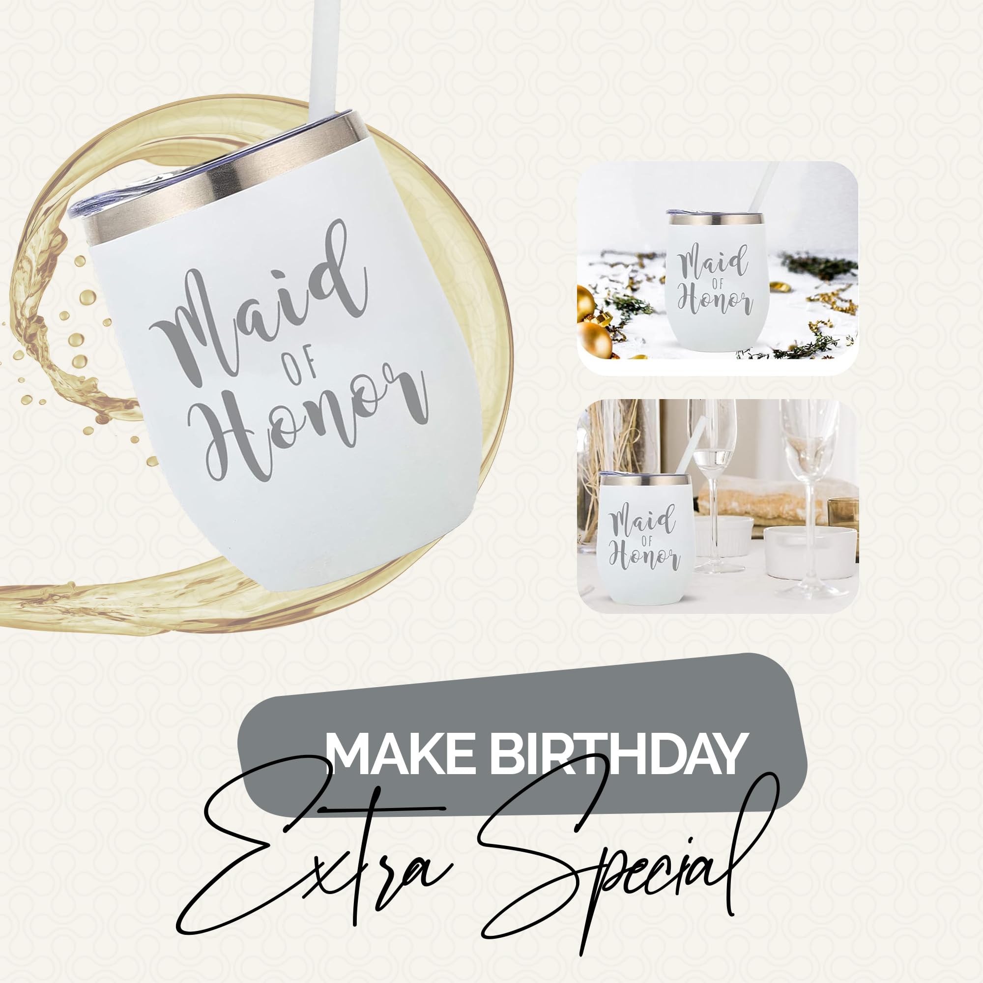 Your Dream Party Shop Maid of Honor Tumbler, 12oz - White Stainless Steel Stemless Wine Cup, Proposal Gifts from Bride - Maid of Honor Gifts Proposal