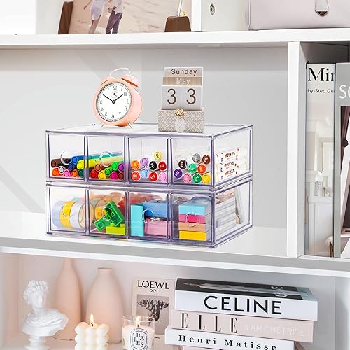 Miniatura 2 de Organizador de escritorio con 8 cajones, 2 paquetes de caja de almacenamiento apilable de escritorio con cajón extraíble, organizador transparente