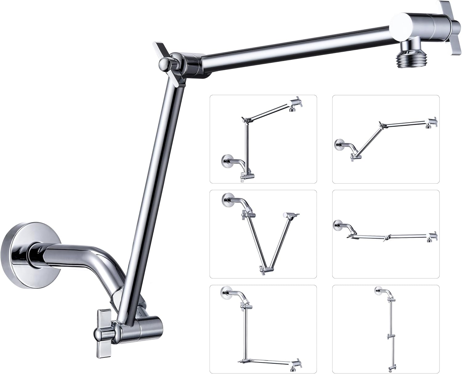 G-Promise 18 Inch Shower Head Extension Arm with Shower Arm and Flange, Solid Brass Flexible Height & Angle Extender with Lock Joint, Compatible with Rainfall and Handheld Showerhead (Chrome)