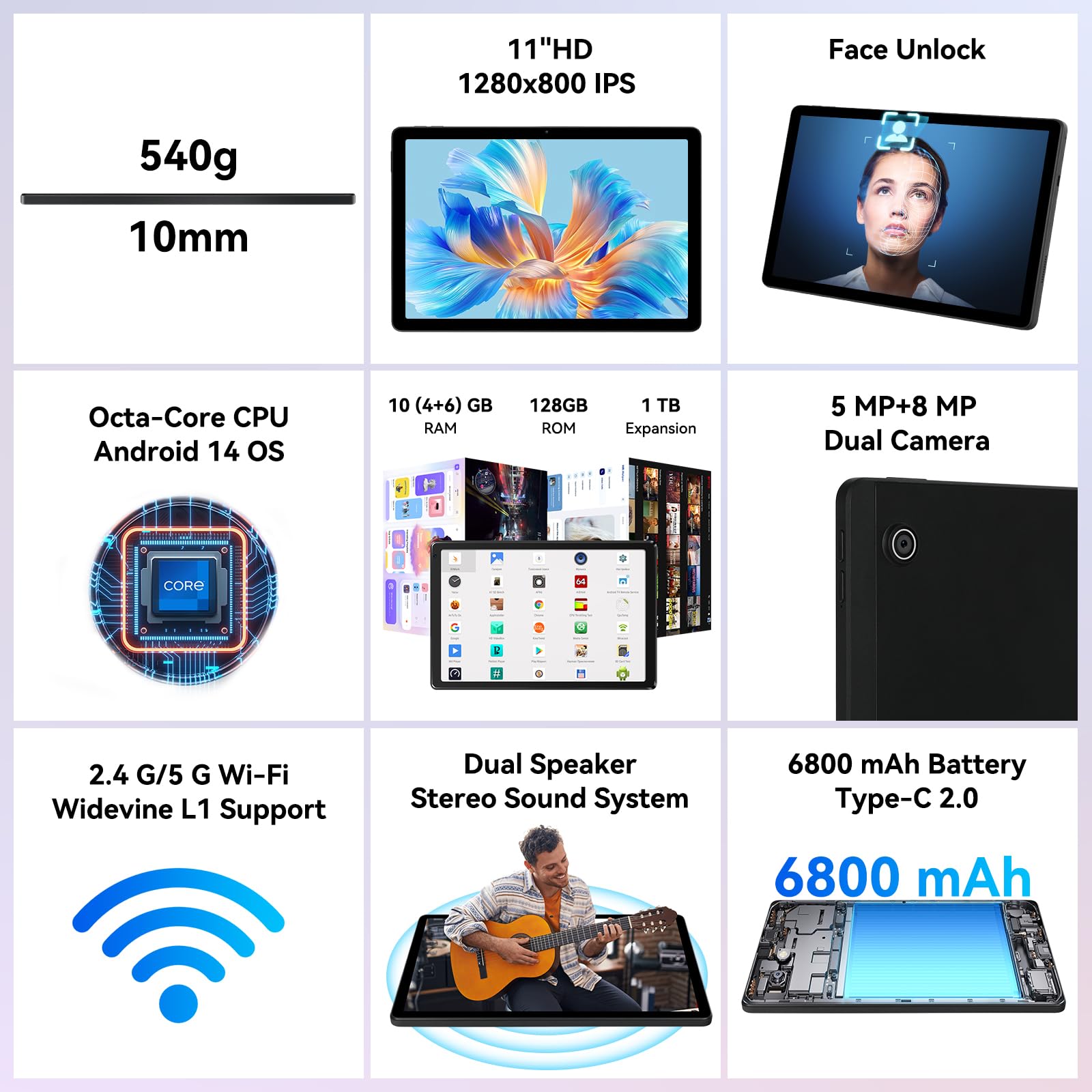 Yicty Tablet 11 pollici 8 Core Android 14 Tablet PC 10 GB + 128 GB 1 TB di espansione 1280 x 800 HD IPS Touchscreen 5 MP + 8 MP Doppia fotocamera 6800 mAh Widevine L1 Face ID Wi-Fi Bluetooth (Nero)