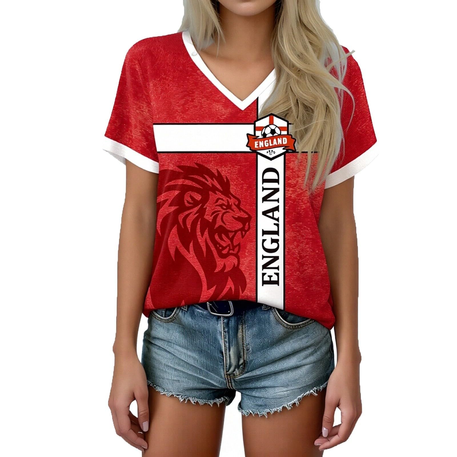 HOOUDO Scotland Football Tops Women Short Sleeve Jersey Retro Graphic Printed V Neck Training Tops Breathable Lightweight Ladies Soccer T-Shirt Athletic Shirts A Red