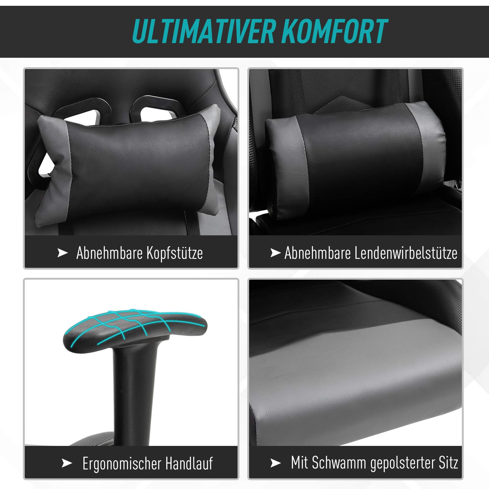 Vinsetto Ergonomiczne krzesło biurowe, fotel gamingowy, krzesło obrotowe, sztuczna skóra, pianka, MDF, czarne, 67,5 x 56 x 126–136 cm