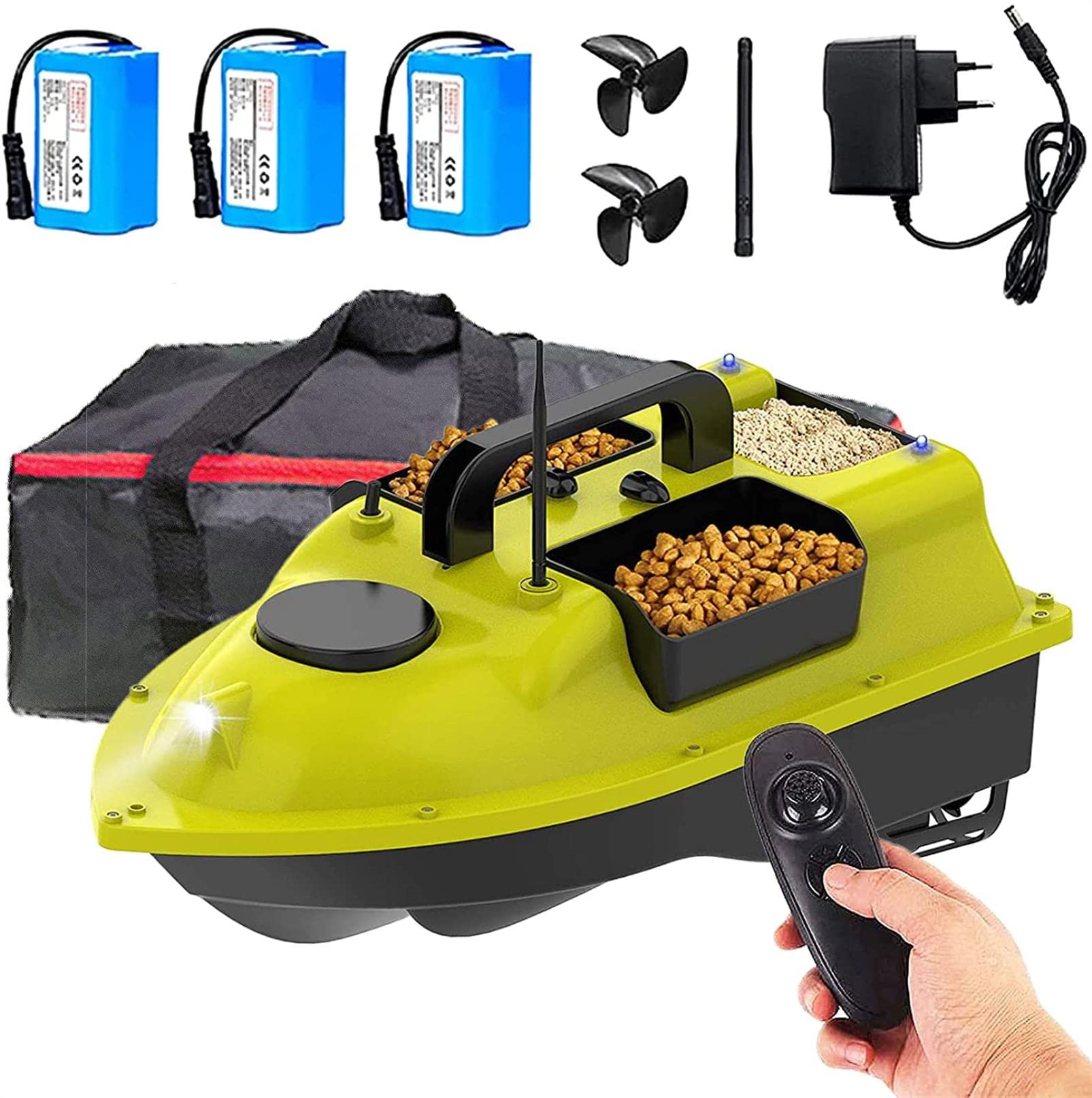 Barco Cebador Carpfishing, Barco de Cebo de Pesca Teledirigidos con Crucero Automático y Luz Nocturna LED, 3 Contenedores de Cebo, Batería 5200 / 9600mAh Opcional