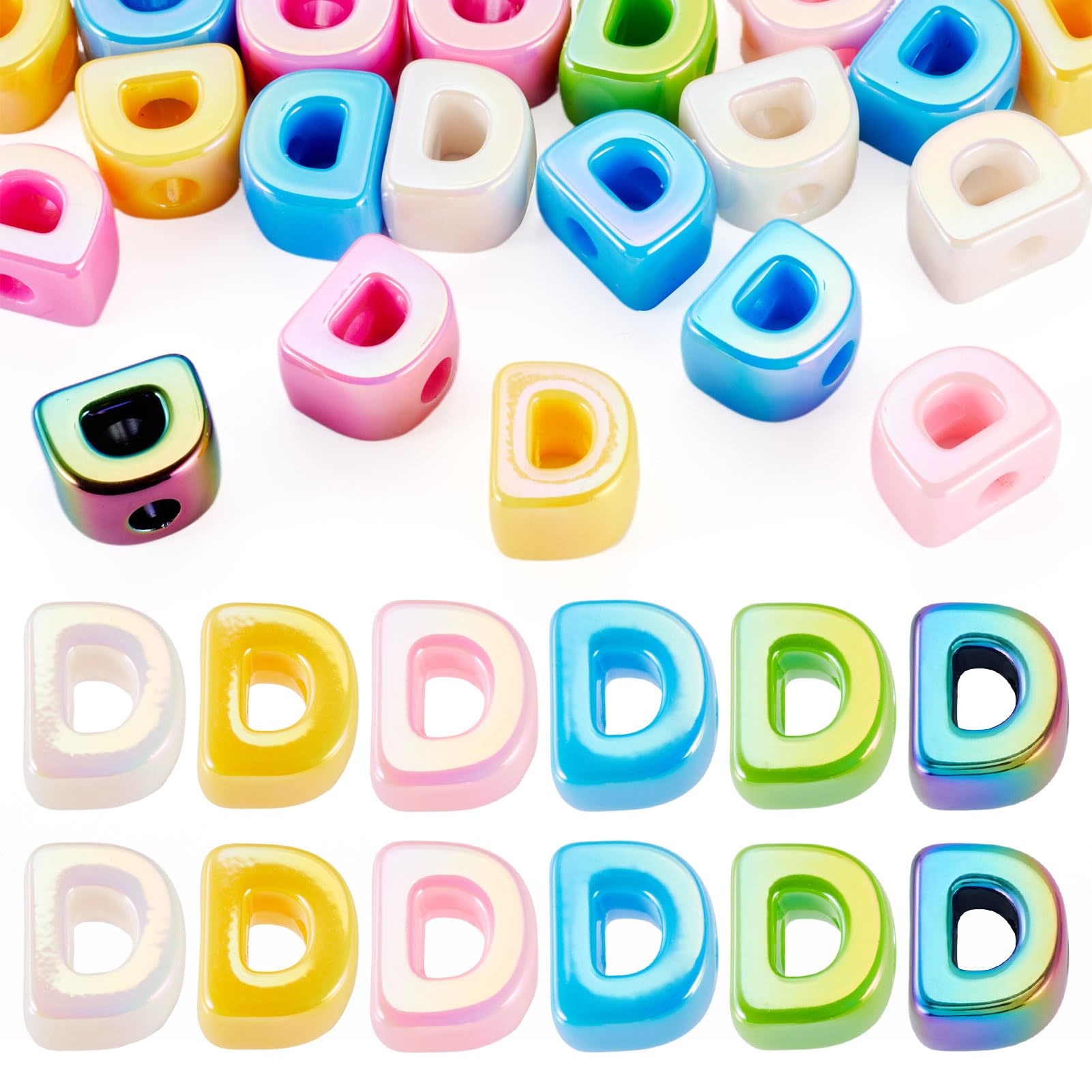 20Pcs Large Acrylic Letter Beads, Big Iridescent Letter Alphabet Beads, 3D Acrylic Letter Slide Bead Colorful Large Hole European Bead for Bracelet Necklace Name ID Craft