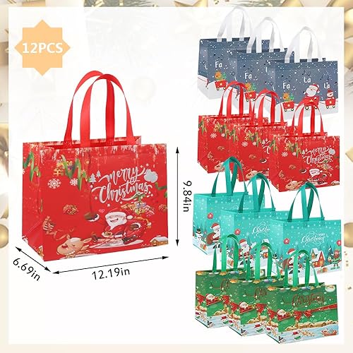 Miniatura 2 de 12 Pack Christmas Tote Bags with Handle, Large Christmas Gift Bag Reusable Non-Woven Grocery Shopping Totes, Merry Christmas Words Santa Treat Bags