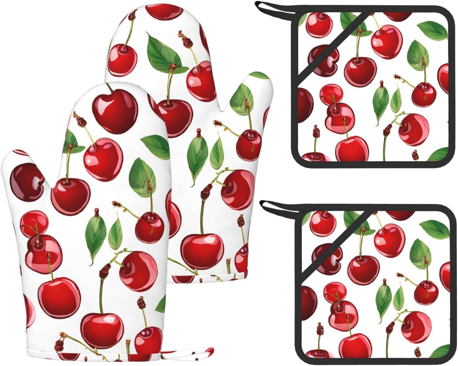 Red Cherries Oven Mitts and Pot Holders Set of 4 Heat Resistant Kitchen Gloves with Silicone Palm Hot Pads for Baking Cooking Grilling BBQ