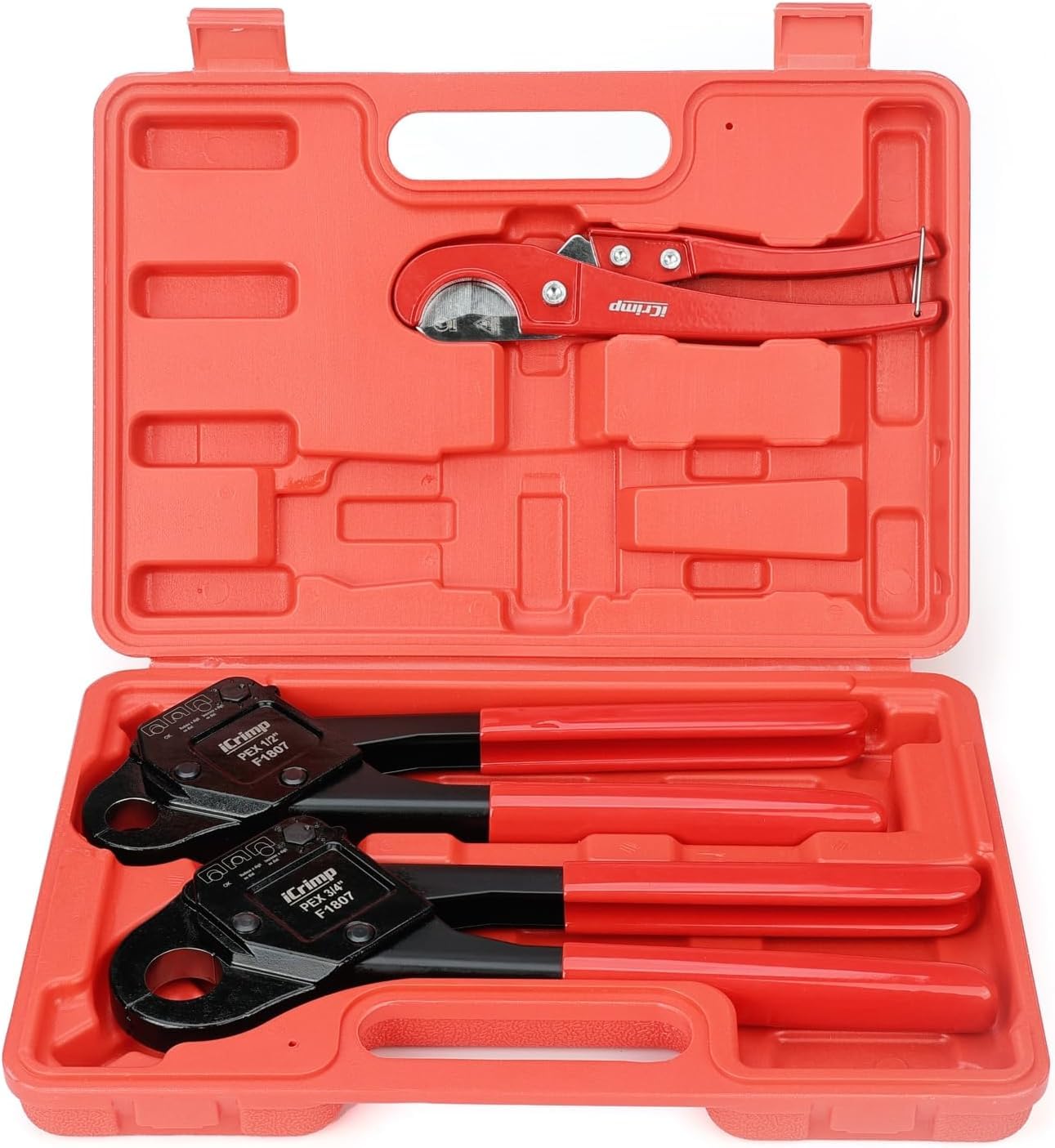 iCrimp Angle PEX Crimping Tool for 1/2-inch & 3/4-inch PEX Copper Crimp Rings and Barbed PEX Fitting, c/w PEX Tubing Cutter & Go/No-Go Gauge, Meets ASTM F1807 Standard PEX PlumbingTool