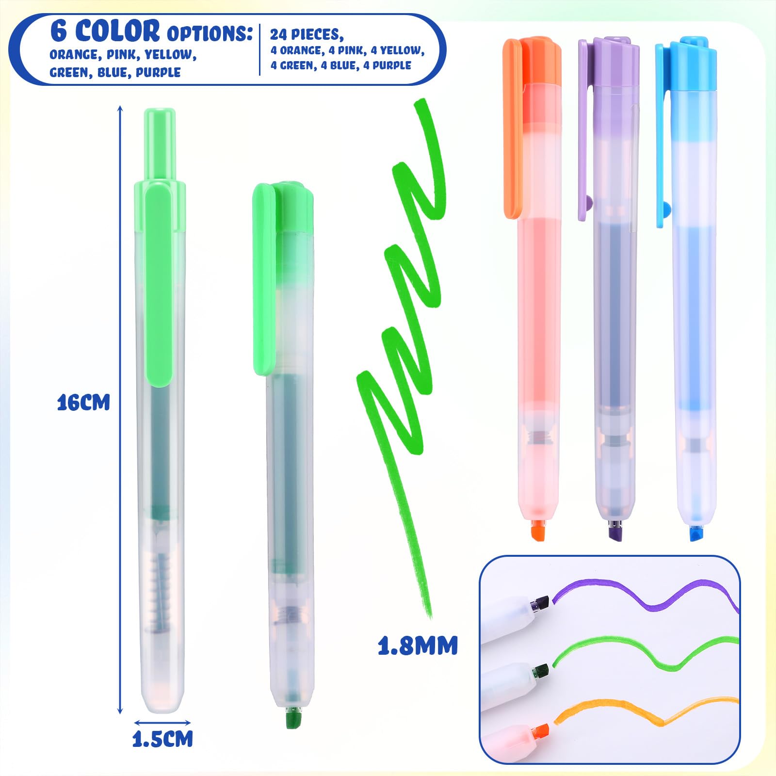 Affrolling Ausziehbare Whiteboard-Marker, 24 Stück, anklickbar, kein Verlaufen, feine Spitze, große Kapazität, radierbare Marker für Schule, Büro, Meetings (mehrfarbig)