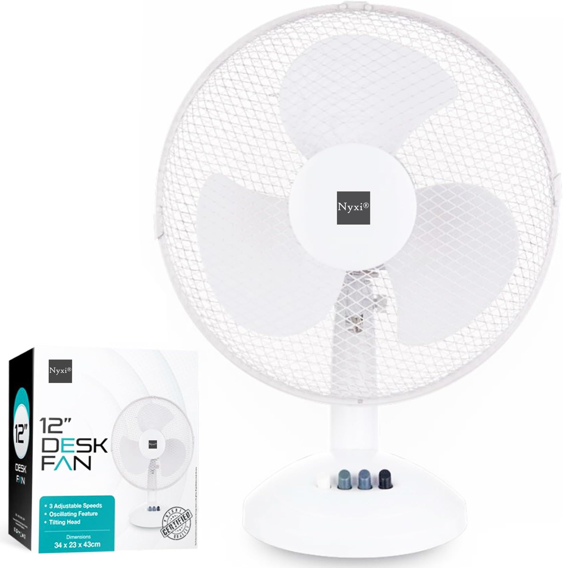 Nyxi 12" Inch Fan, 3 Speed Settings, Oscillating & Tilting Head, Quiet Motor, Portable Cooling Fan for Office & Home, Bedroom, White – Easy to Store, Stable Base, Energy Efficient