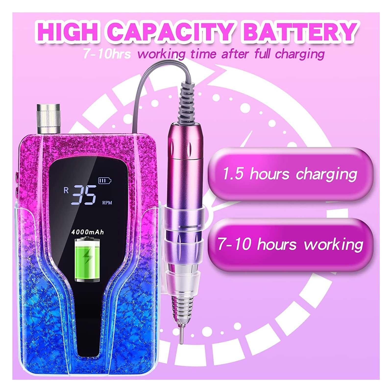 Torno para Uñas, Taladro eléctrico de uñas de 35000RPM, lijadora de uñas recargable, juego de removedor de gel con pantalla LED, equipo portátil de pulido de salón de uñas(P40 SET 1)