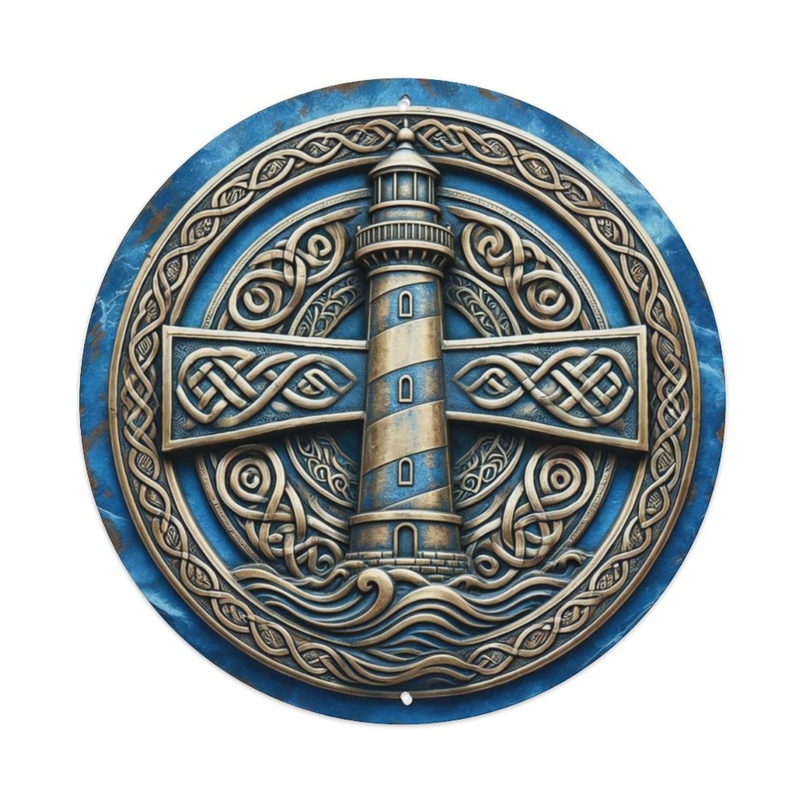 Coastal Lighthouse with Wave Border Metal Tin Sign Plaque