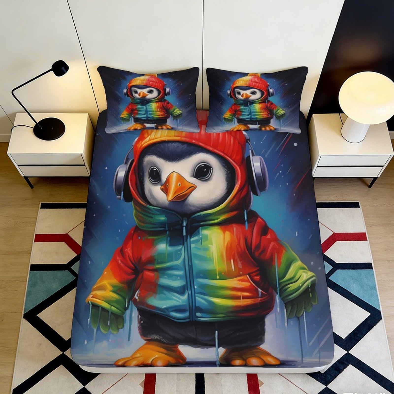Pnayamiorkfel Style-1 3D Printed Colorful Penguin Hoodie Fitted Sheet Microfiber Non Slip Cartoon Bed Cover For Bedroom Guest Room Decor 90X200x25cm