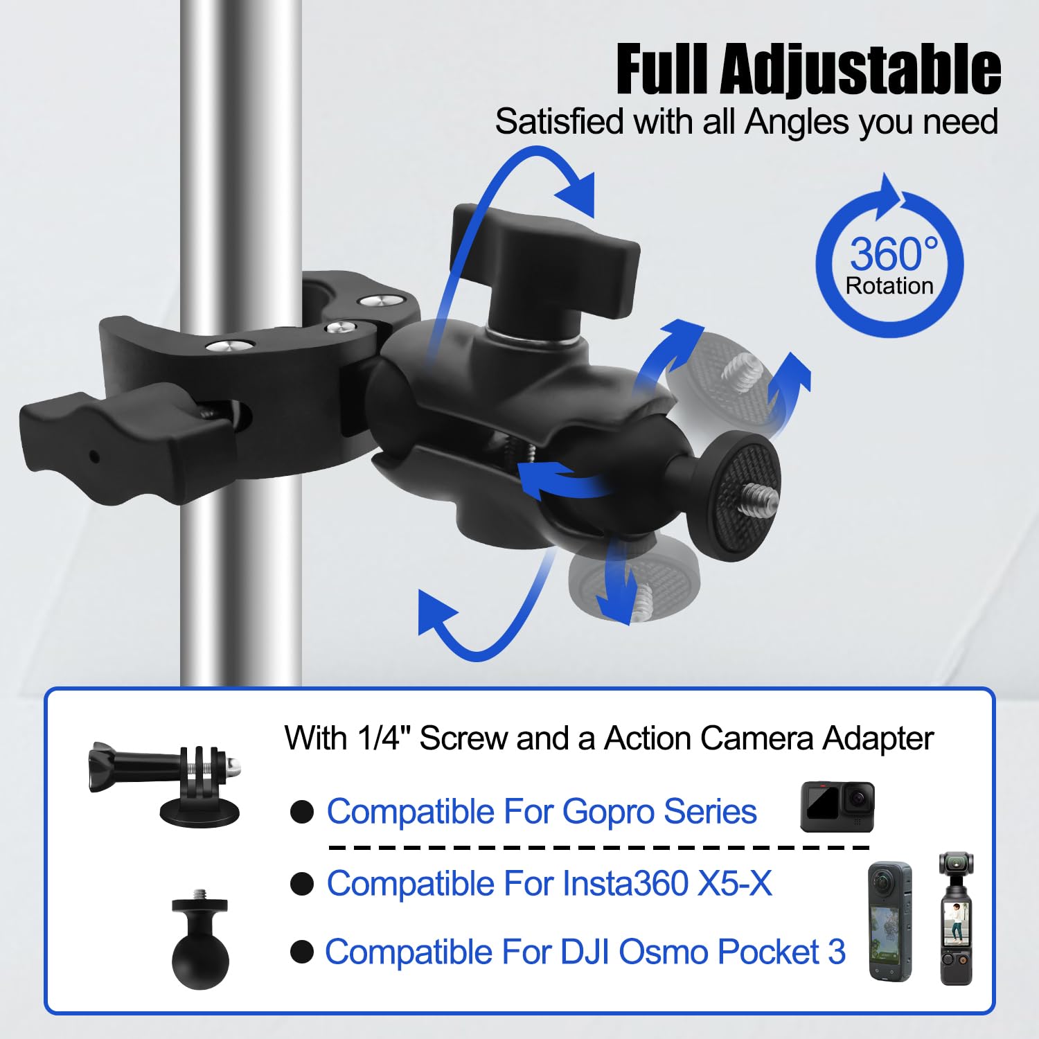 Kit Montaje Motocicleta Compatible con Insta360 X5-X Montaje Abrazadera Manillar Motocicleta o Bicicleta Accesorios compatibles con GoPro 12-3, UTV, ATV(Sin Palo) Compatible con dji Osmo 360