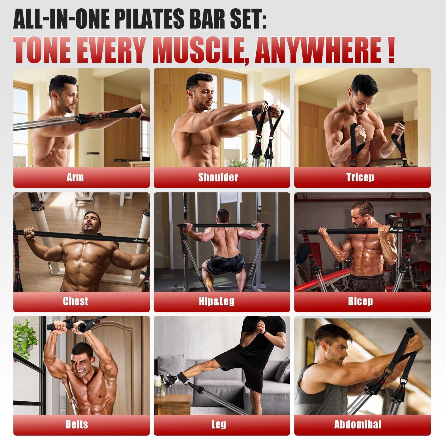 HPYGN Pilates Bar Kit mit Widerstandsbändern, Schwere multifunktionale Pilates Ausrüstung für Krafttraining, Abs, Rücken, Arme, tragbare Home Gym & Travel Fitness Ausrüstung