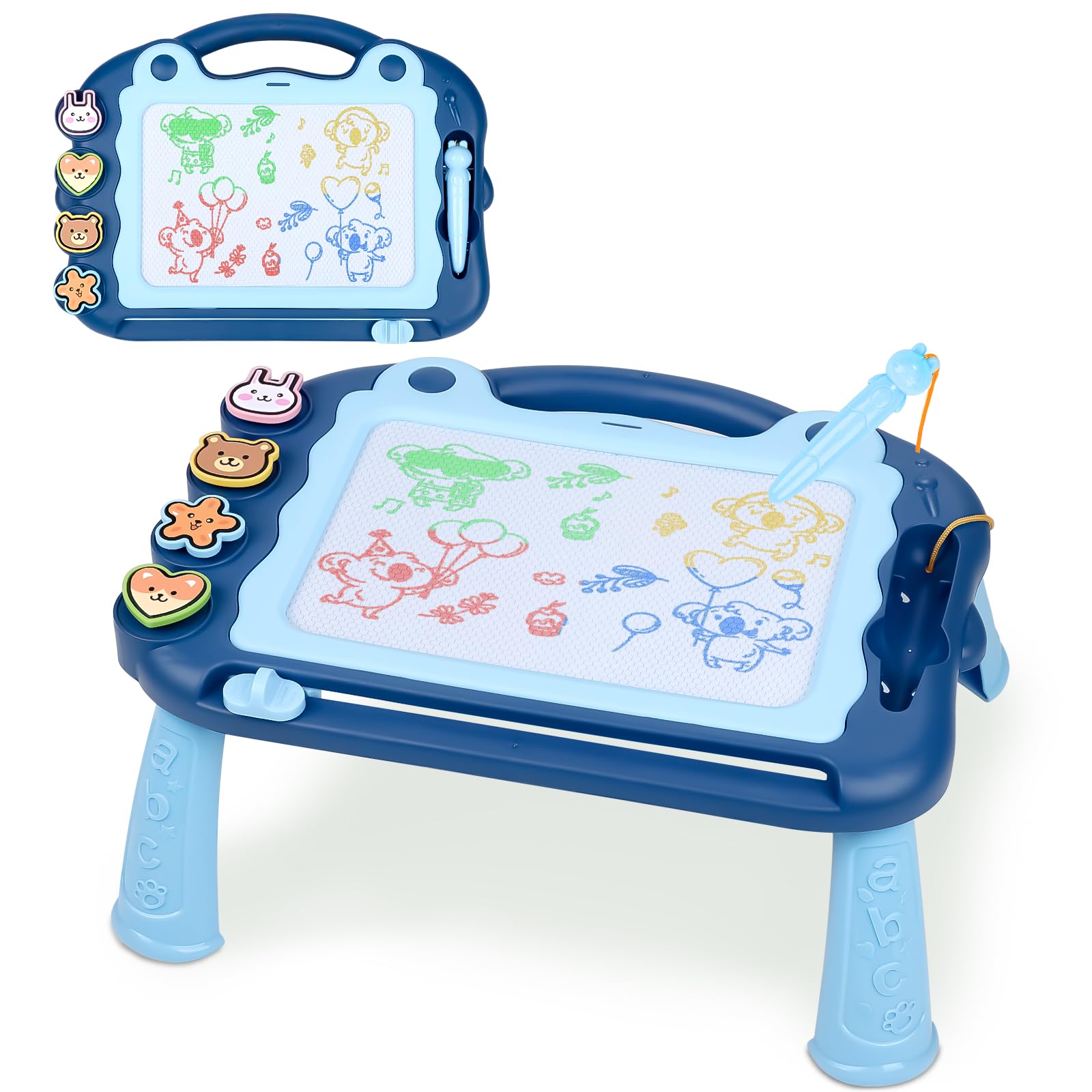 Sarsumir Magnetic Drawing Board, 3023cm 4 Colors Doodle Scribble Board Erasable Sketch Writing Pad with 4 Stamps & Removable Legs Educational Toy for 2 3 4 5 6 Year Old Boys Girls Kids Toddlers, Blue