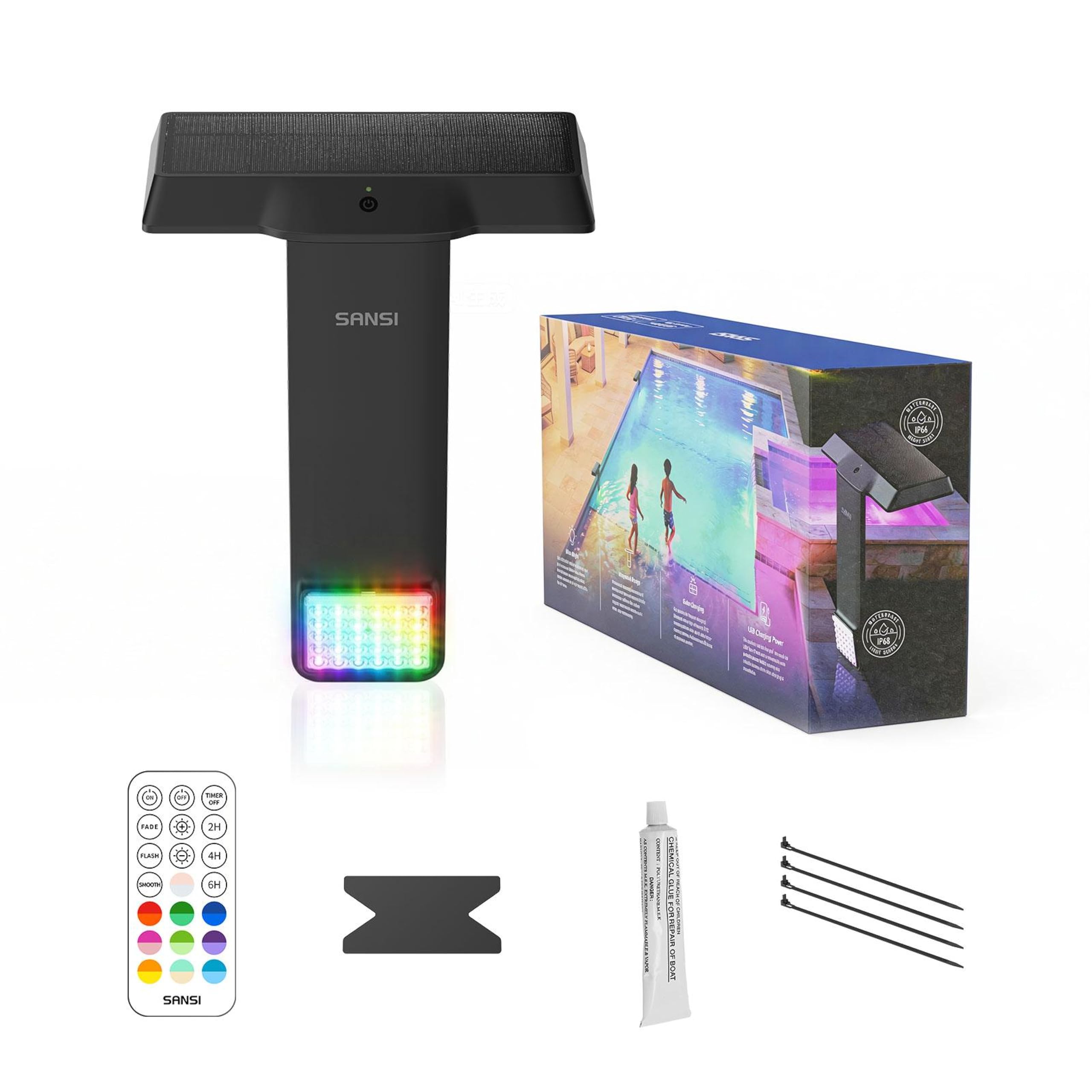 SANSI Solar Pool Lights,150° Wide Angle RGB Colour IP68 Waterproof Submersible Led Light, Solar & Type-C Charging, Remote Control, for Inground, Above Ground Pool, Garden