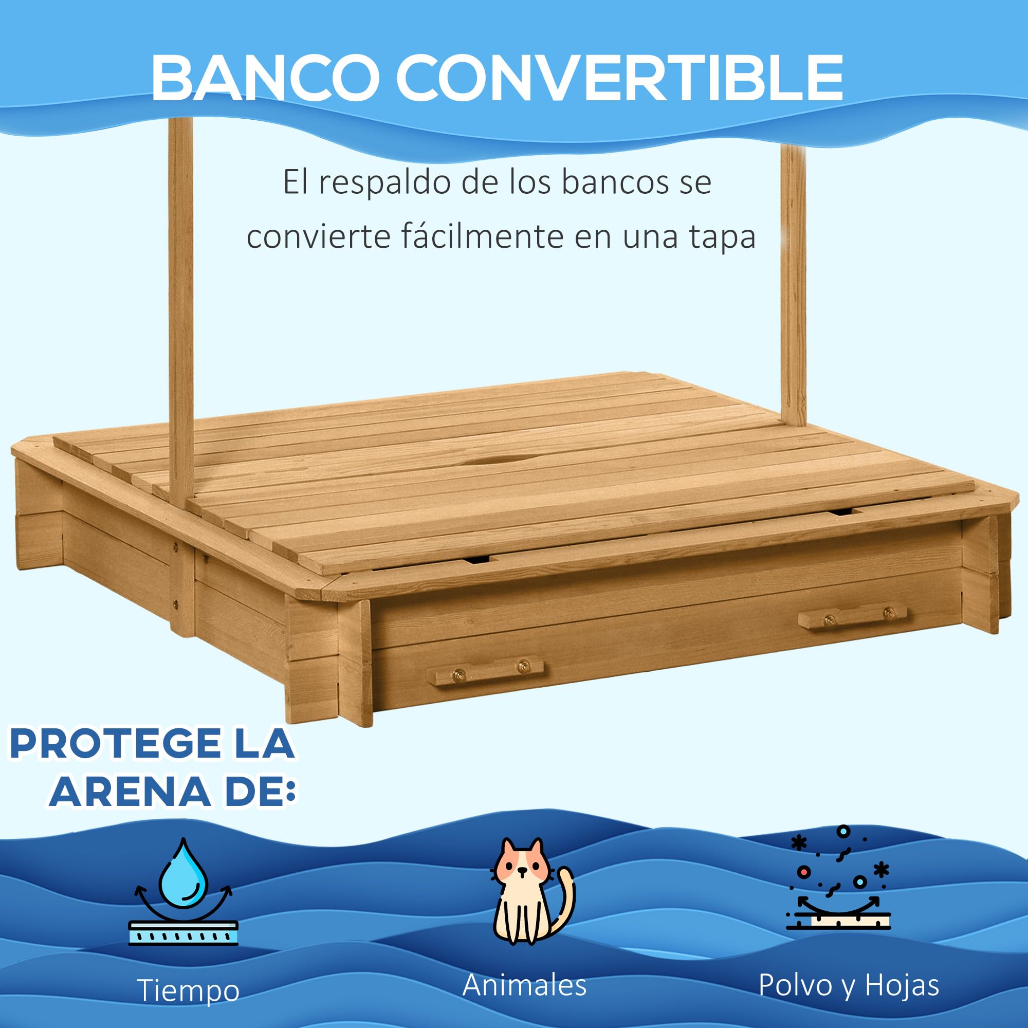 Outsunny Arenero para Niños de Madera Arenero con Toldo Ajustable Respaldos Desmontables y 2 Bancos para Jardín Patio 106x106x121 cm Natural y Rayas Verdes