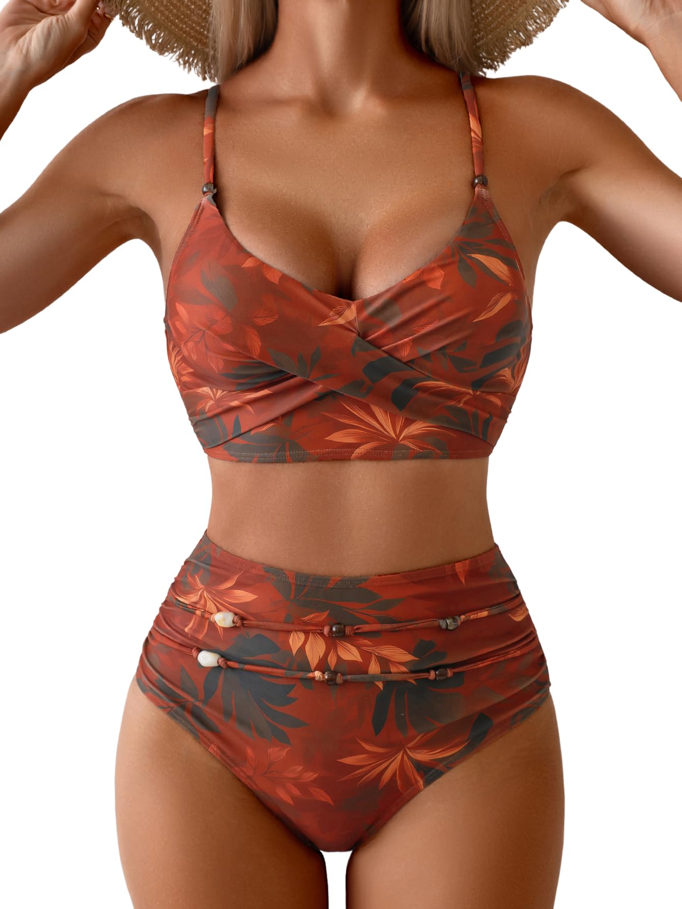 Women's Crisscross Front Bikini Sets Two Piece Tummy Control Support Bathing Suit High Waisted Ruched Beads Swimsuit-image-40