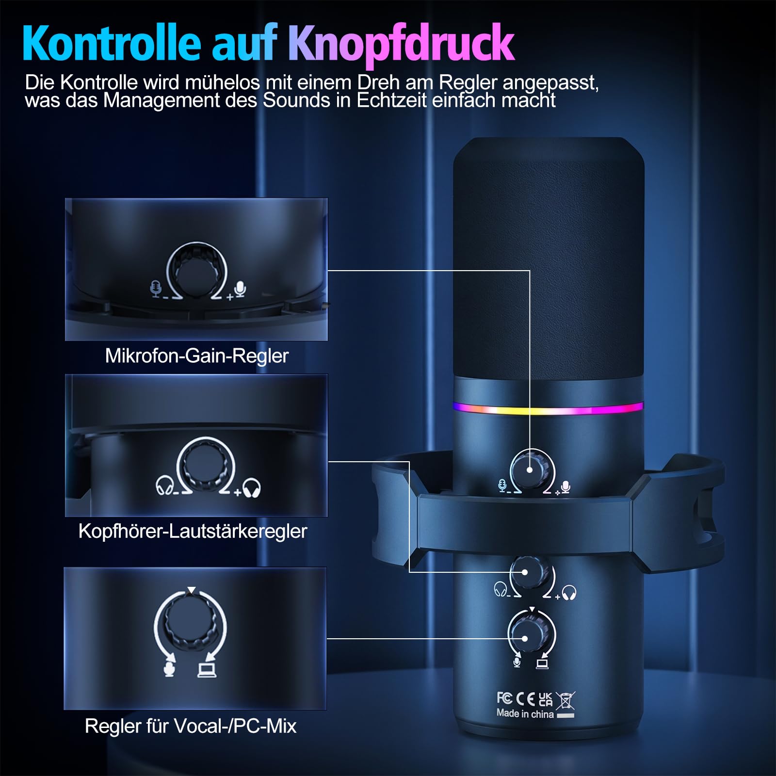 XLR/USB Gaming Mikrofon mit Arm, Dynamisches Mikrofon mit One-Touch-Stummschaltung, Verstärkungsregelung und Kopfhöreranschluss, RGB Podcast Mikrofon für Streaming, Aufnahmen und Gesang